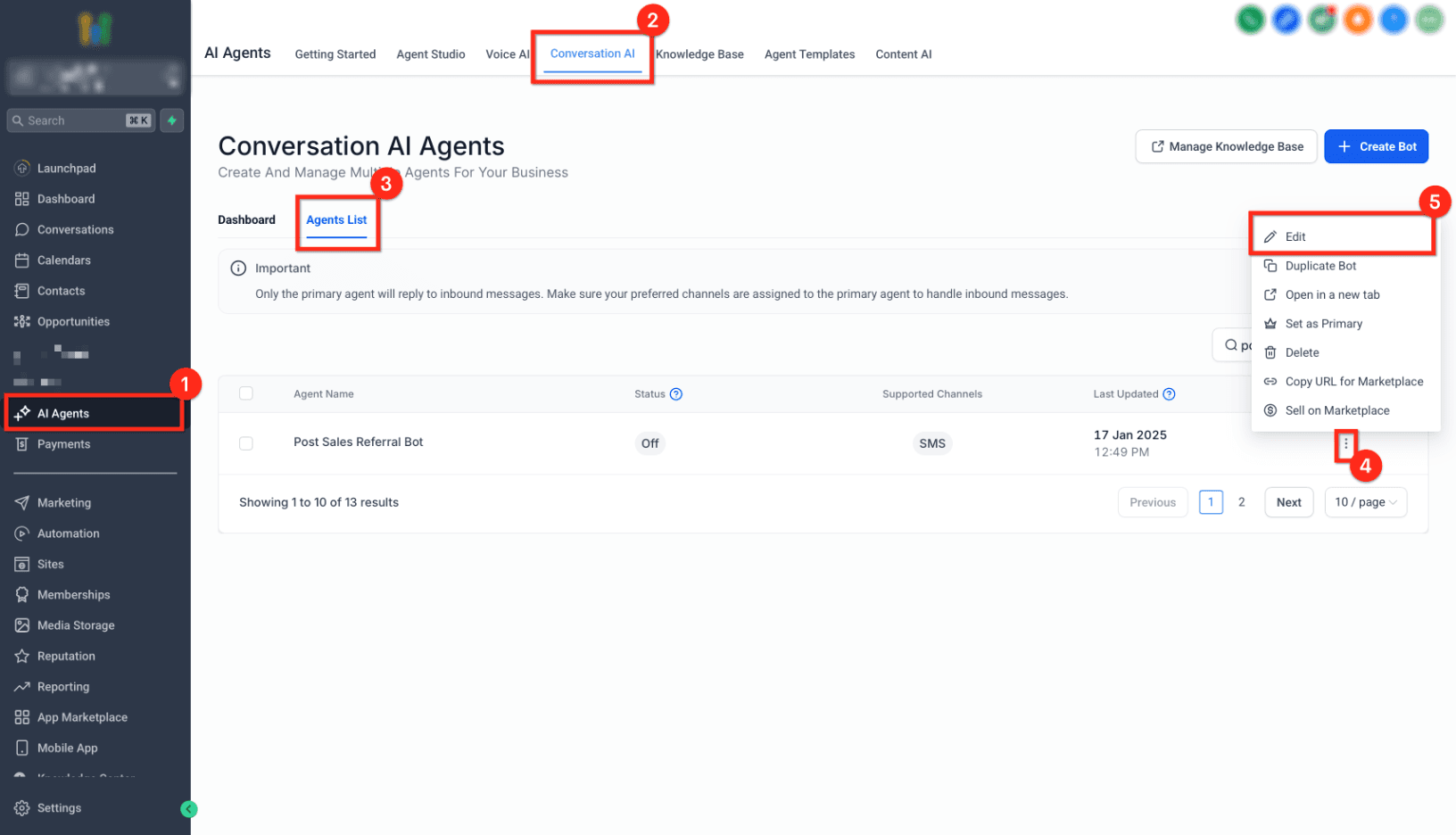 Schermata 1 — Conversation AI - Azione Transfer Bot