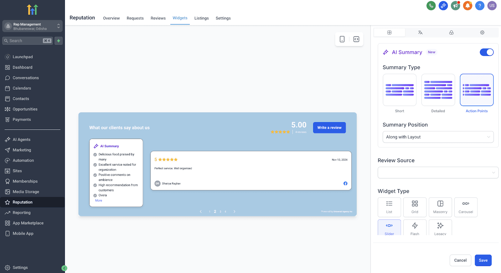 Schermata 2 — Gestione della Reputazione: Nuovi Tipi di Widget + Controllo Completo dei Riepiloghi AI