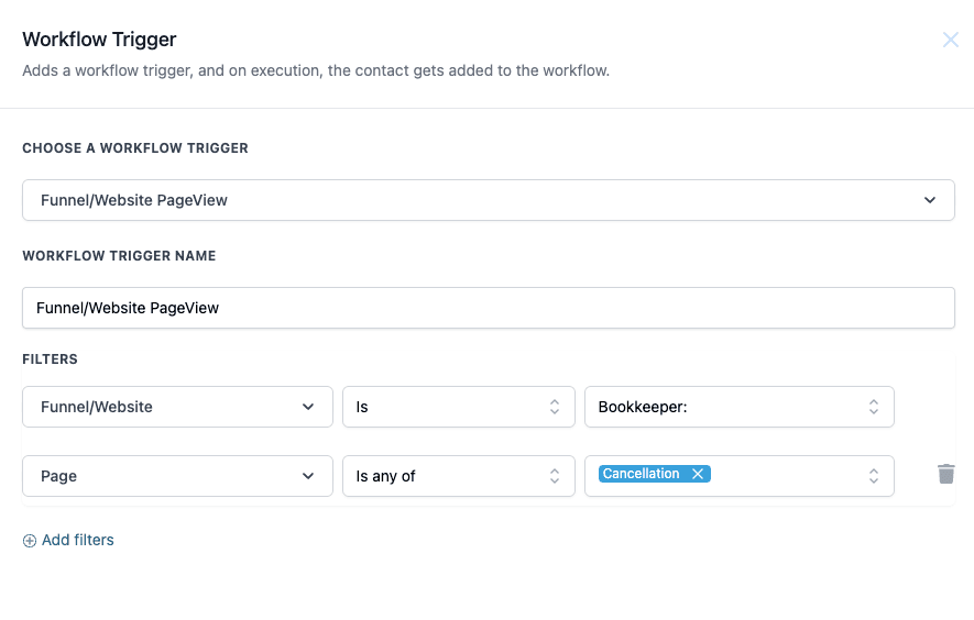 Schermata 1 — Workflow Trigger - Visualizzazione Pagina Funnel/Sito Web