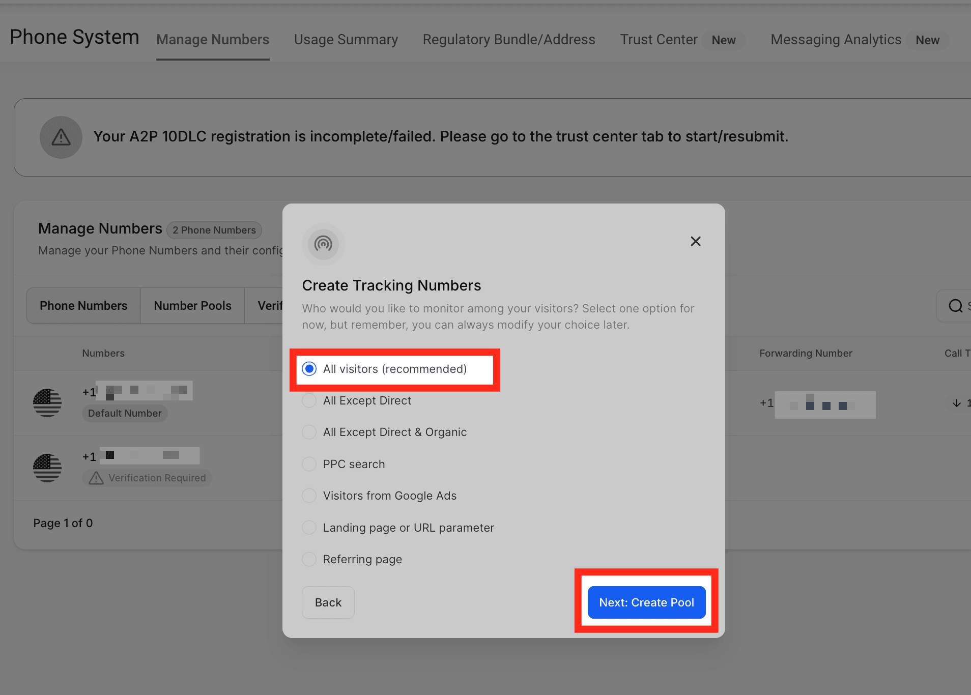 Schermata 5 — Come configurare il Call Tracking (Number Pool)