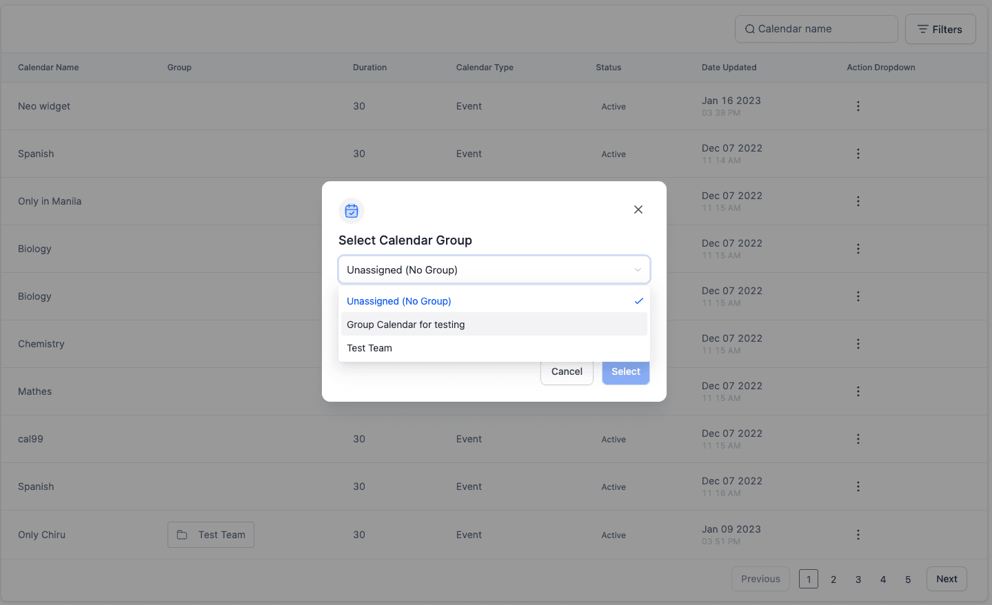 Schermata 3 — Aggiungere Calendari Non Assegnati ai Gruppi