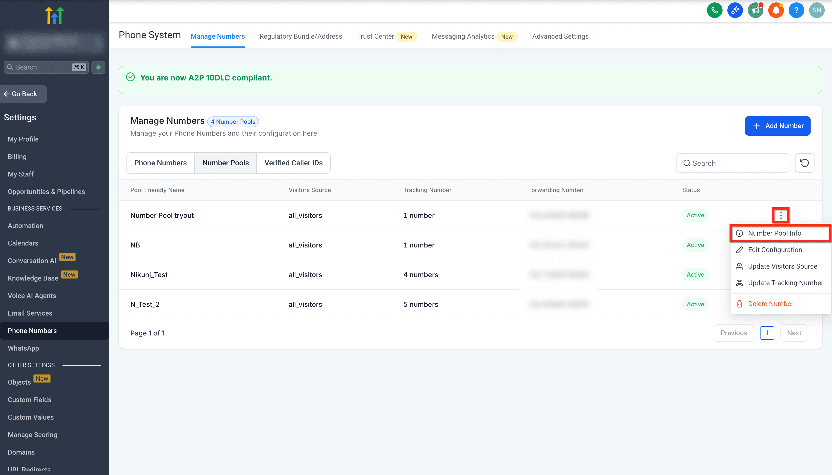 Schermata 4 — Gestione Avanzata del Number Pool per il Tracciamento delle Visite