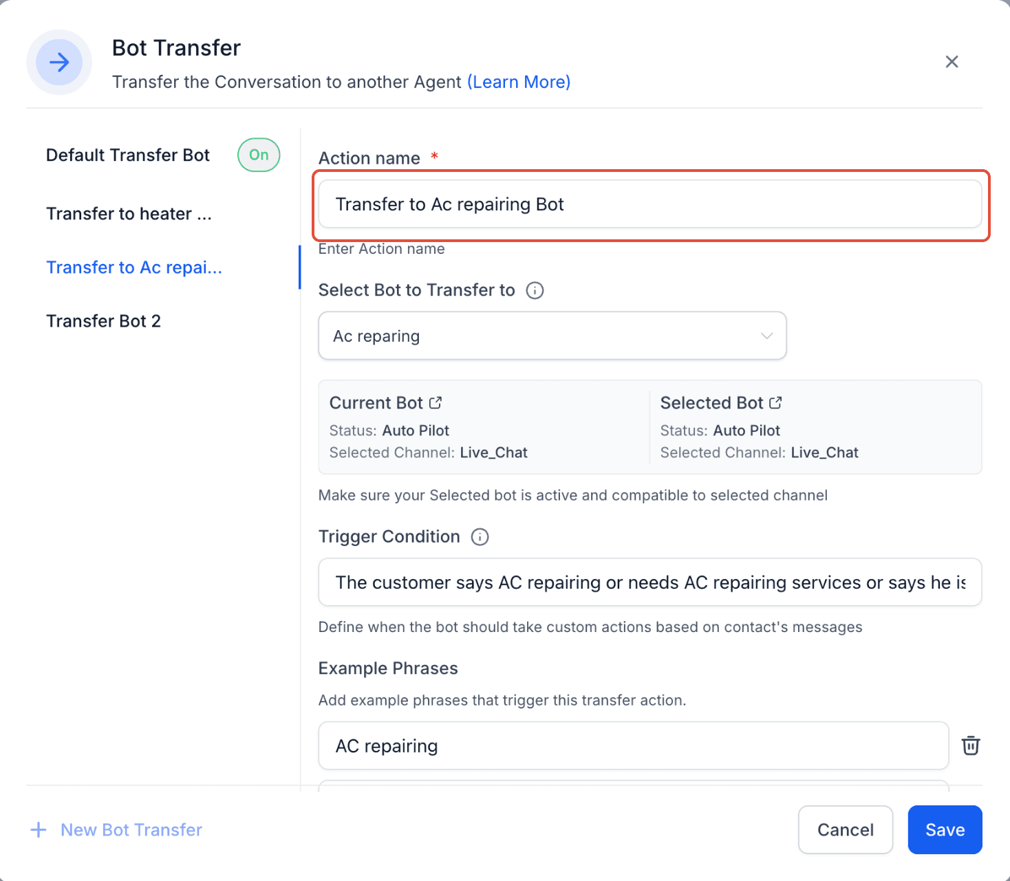 Schermata 5 — Conversation AI - Azione Transfer Bot