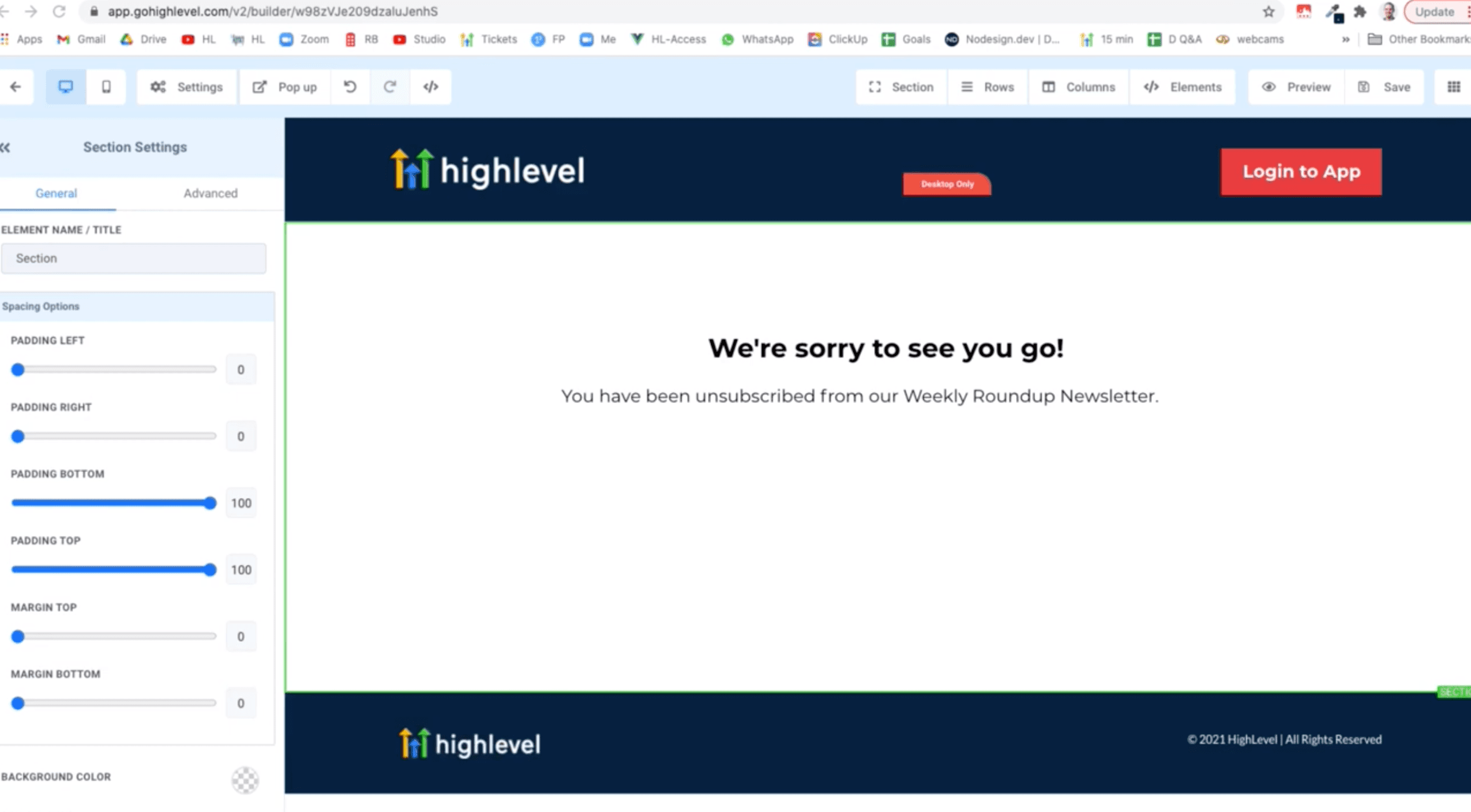 Esempio di landing page di disiscrizione nel builder del Funnel