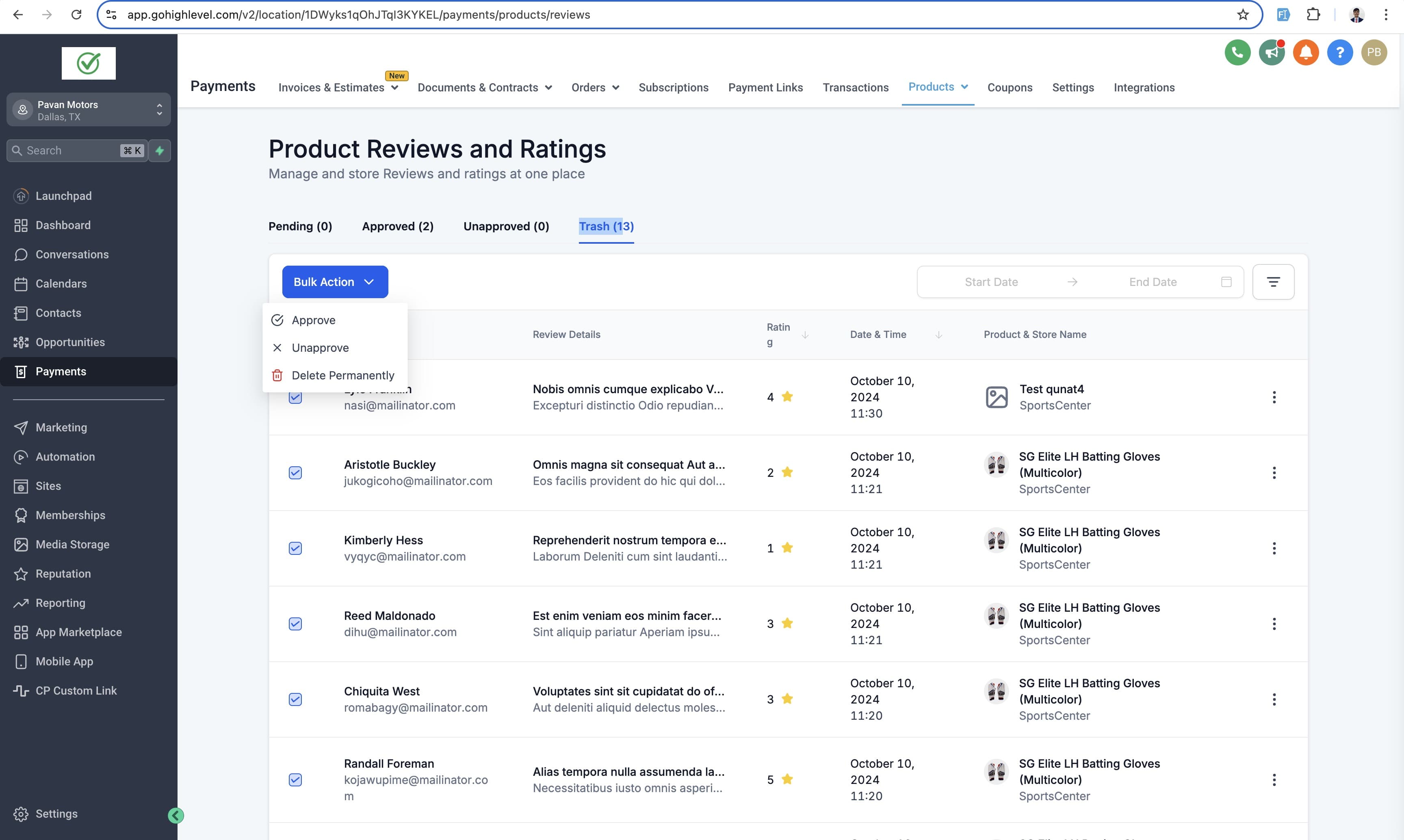 Azioni di massa ed eliminazione recensioni