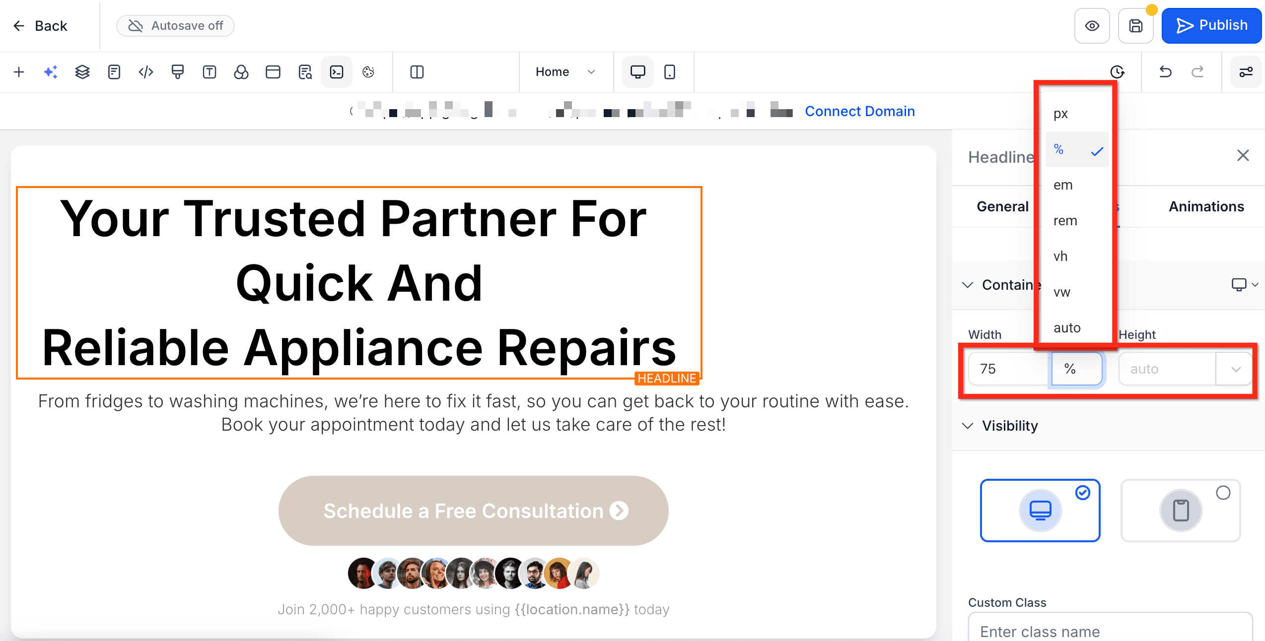 Schermata 4 — Controlli Altezza e Larghezza per gli Elementi del Page Builder