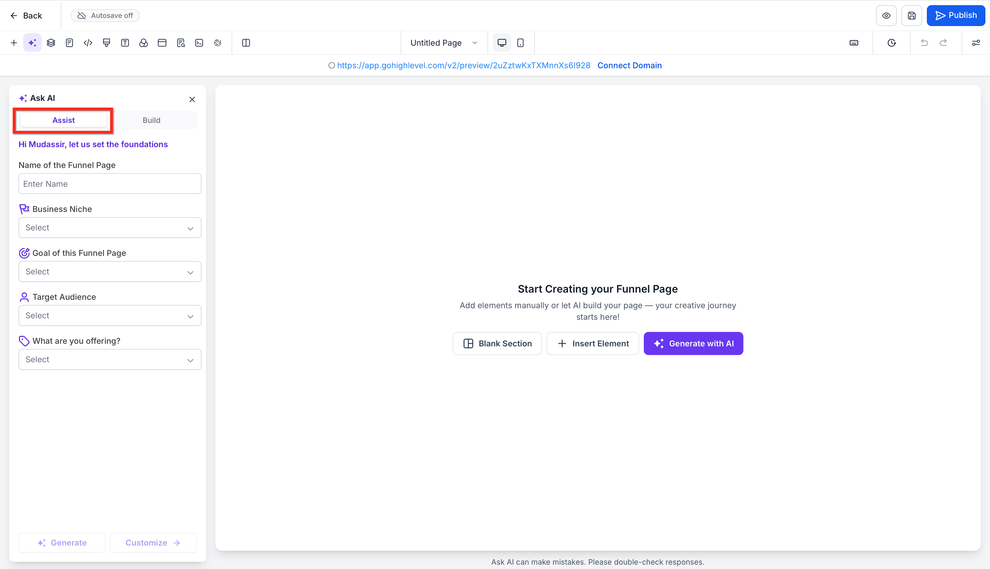 Schermata 1 — Funnel & Website AI