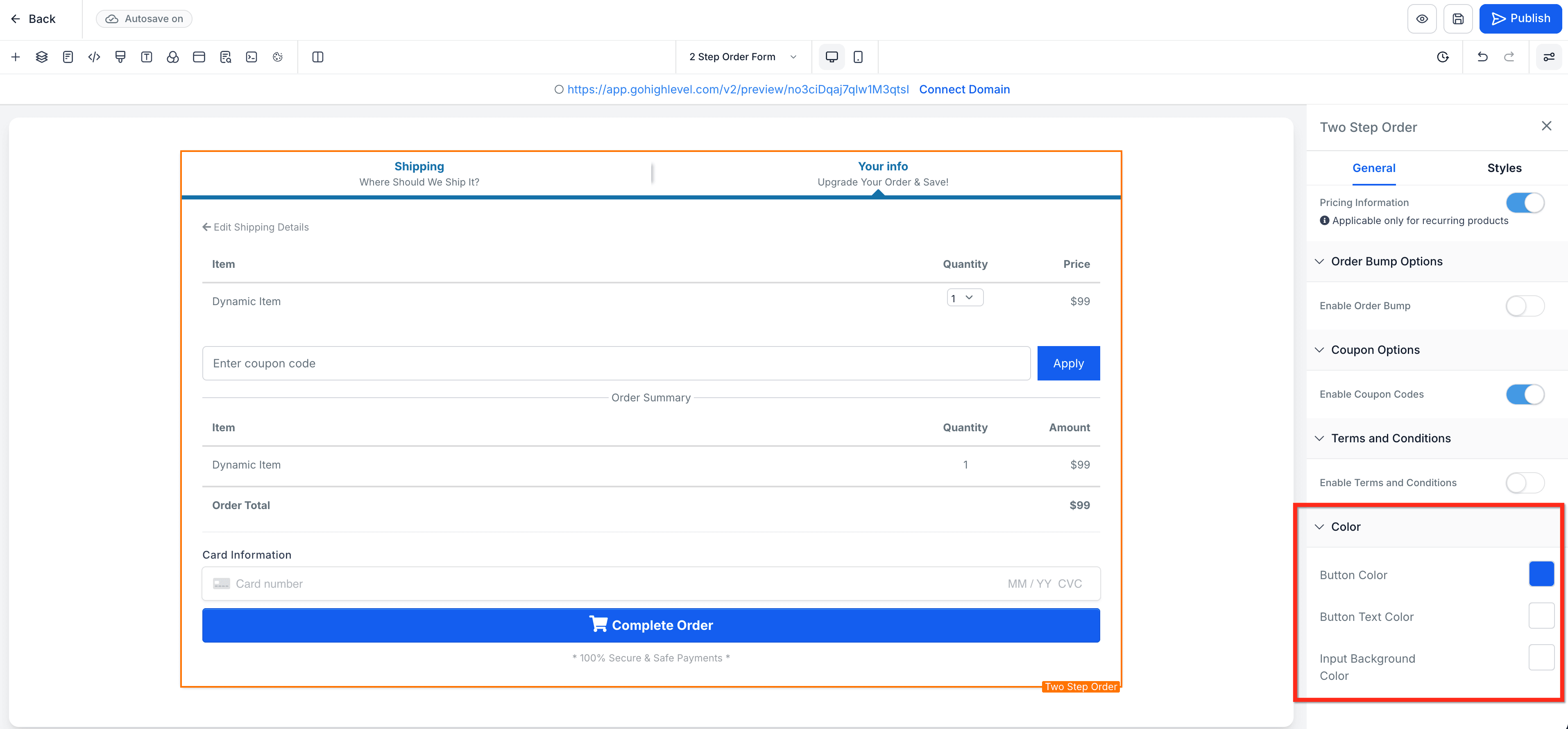Schermata 16 — Come Aggiungere un Form d'Ordine in Due Passaggi a un Funnel