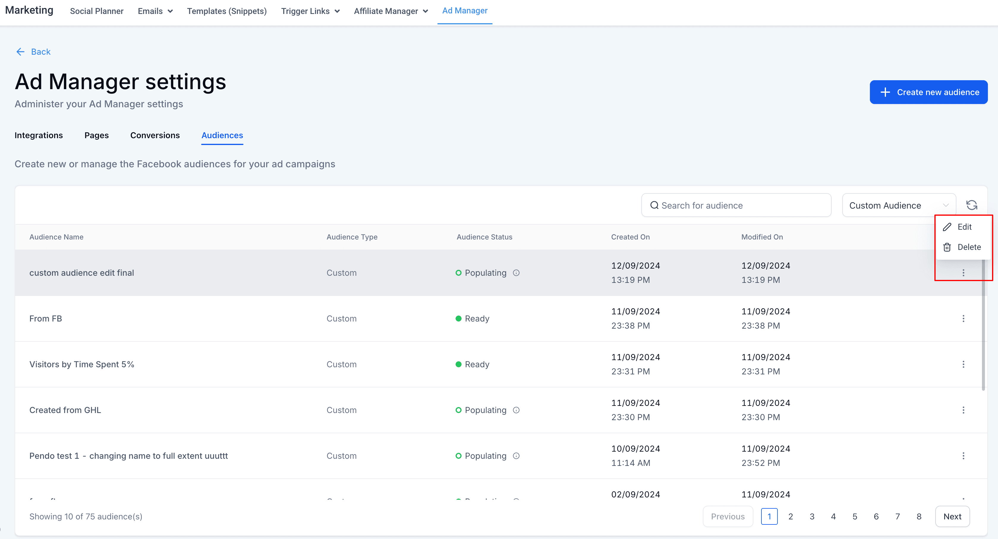 Schermata 6 — Panoramica della scheda Audience - Impostazioni Ad Manager