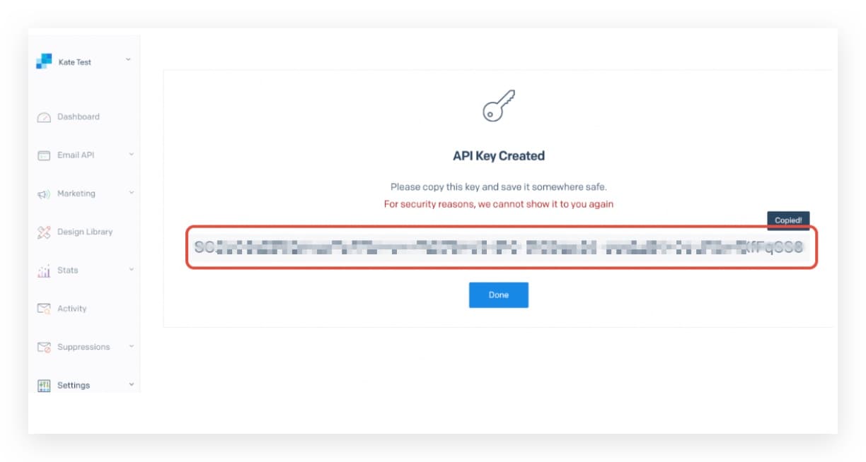 Copia della API key di SendGrid generata