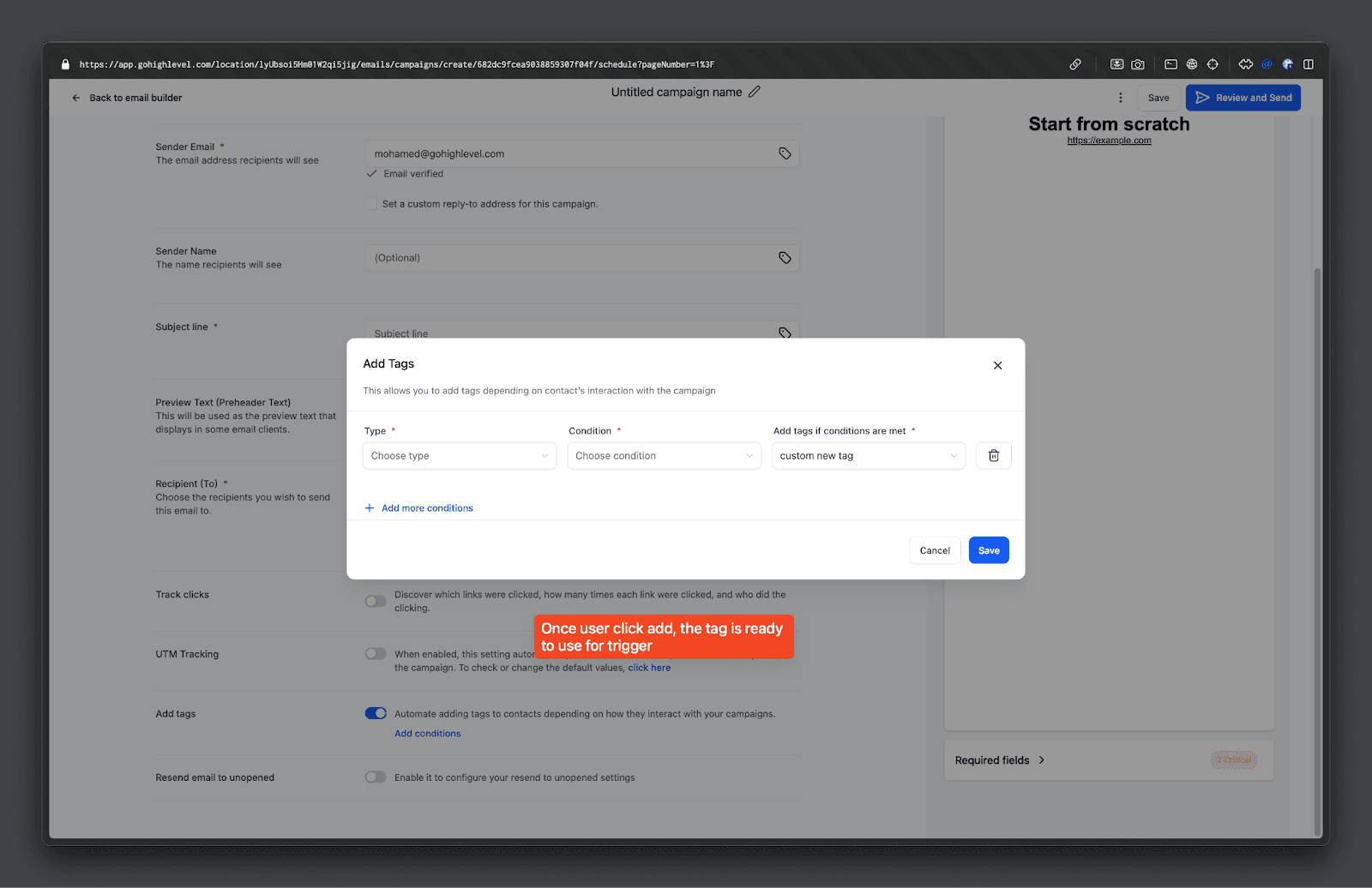 Schermata 2 — Email Builder: Crea Nuovi Tag nella Pagina di Invio o Pianificazione
