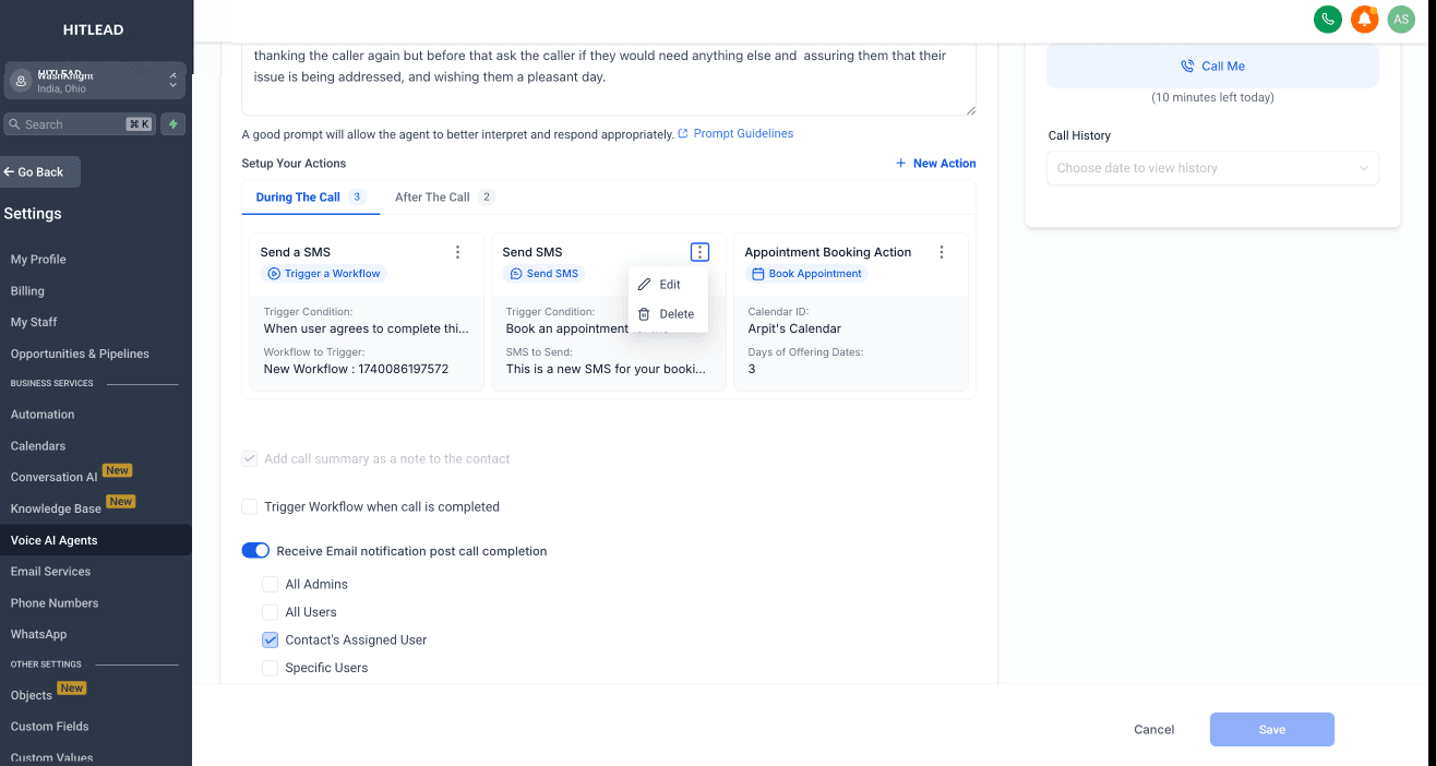 Schermata 3 — Azioni Durante e Dopo la Chiamata in Voice AI