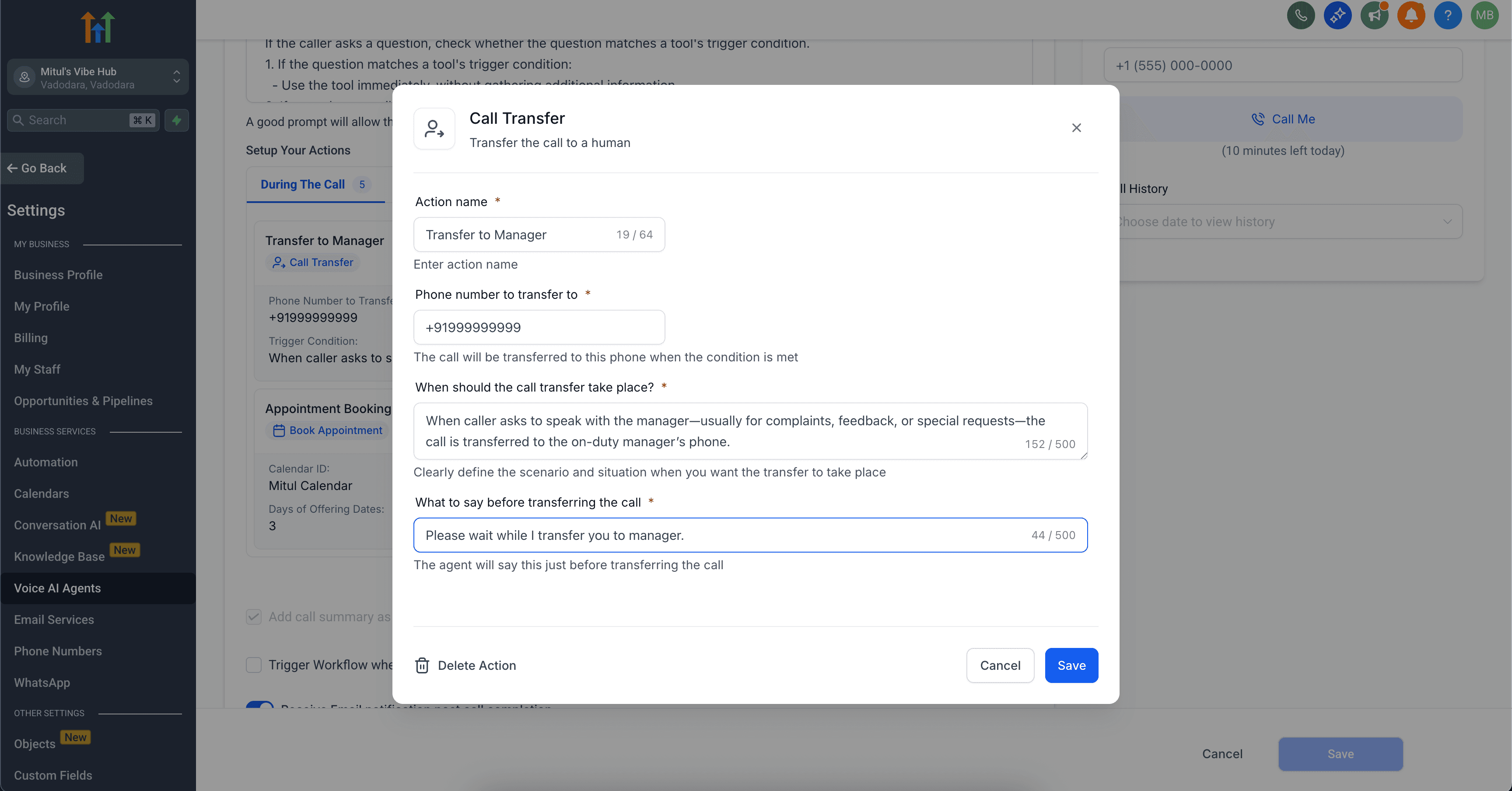 Schermata 6 — Azioni Durante e Dopo la Chiamata in Voice AI