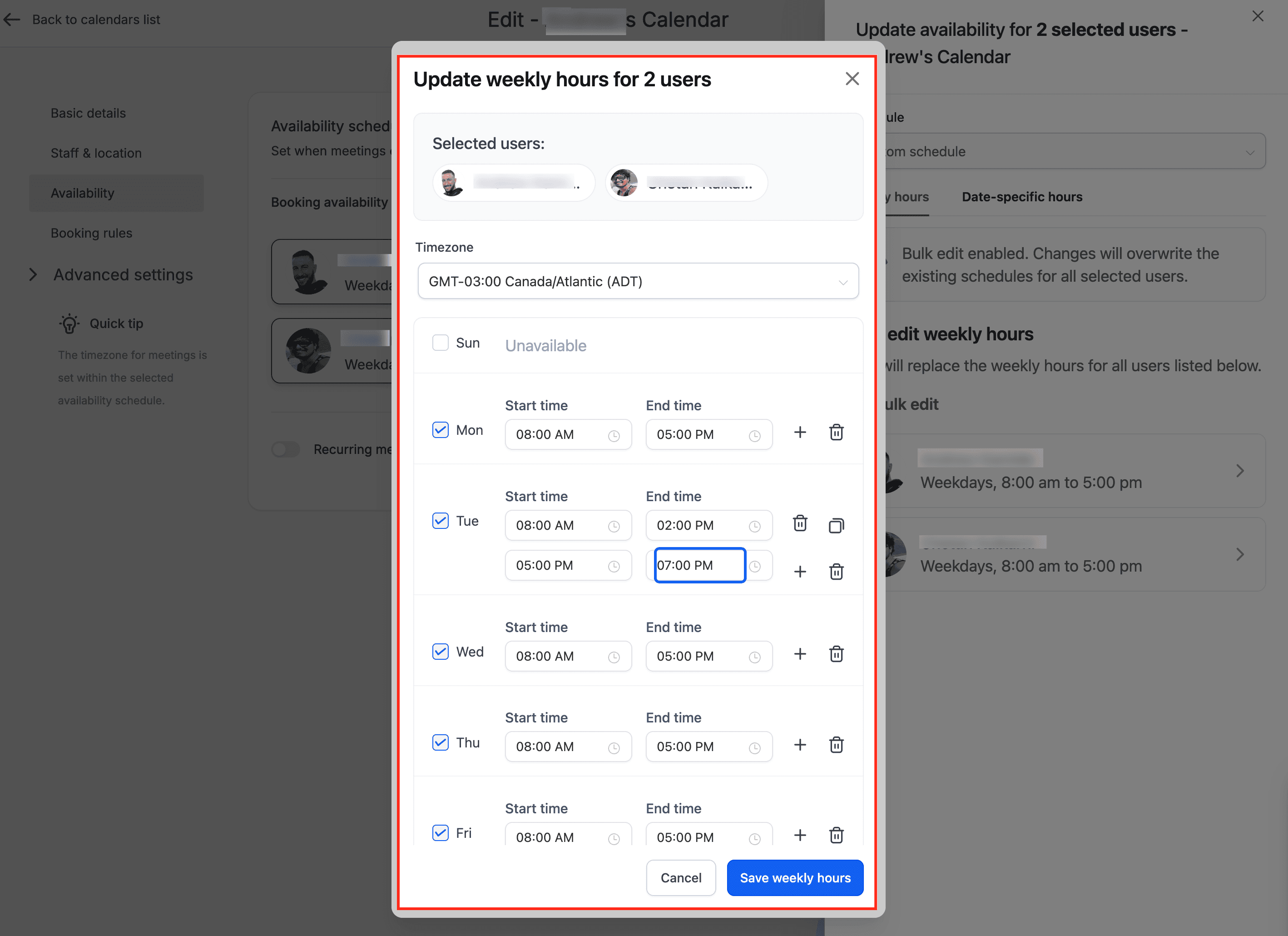 Schermata 6 — Come modificare in blocco la disponibilità del calendario per più membri del team