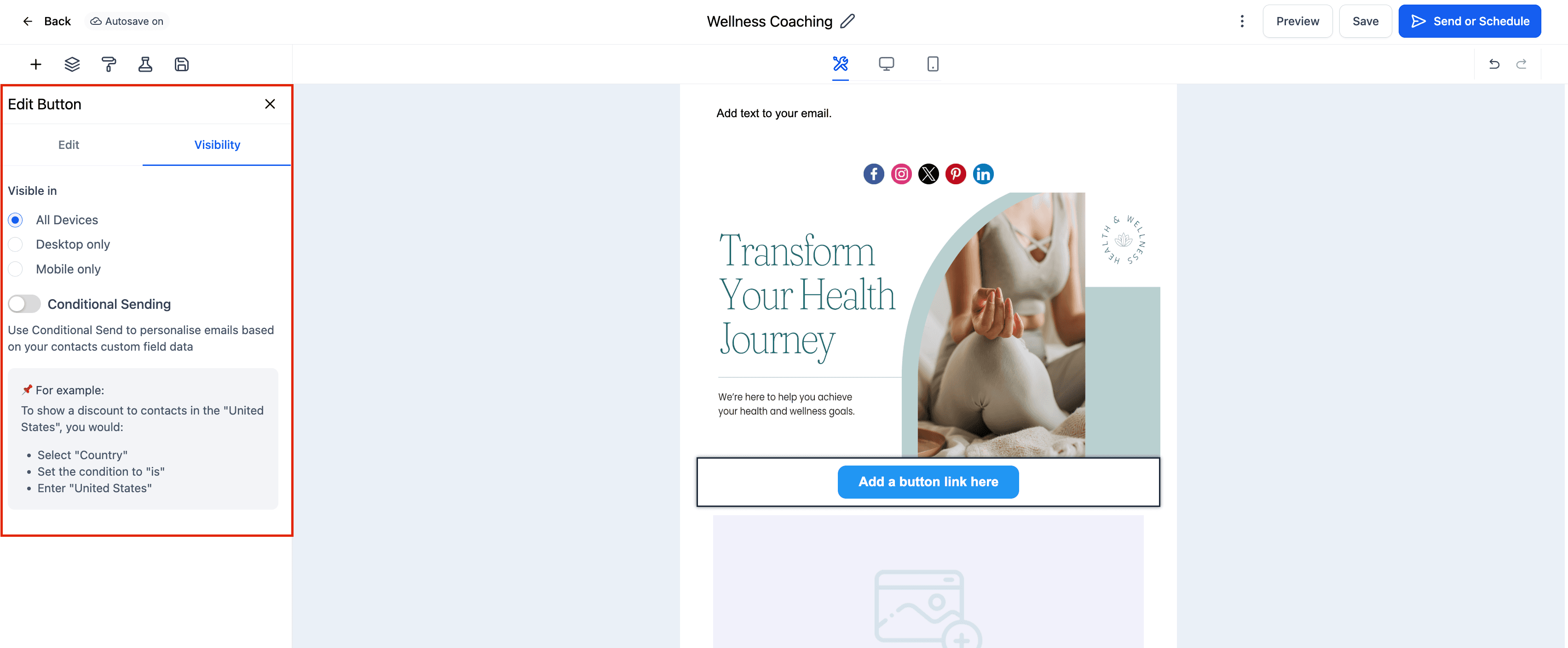 Schermata 5 — Elemento Button nell'Email Builder