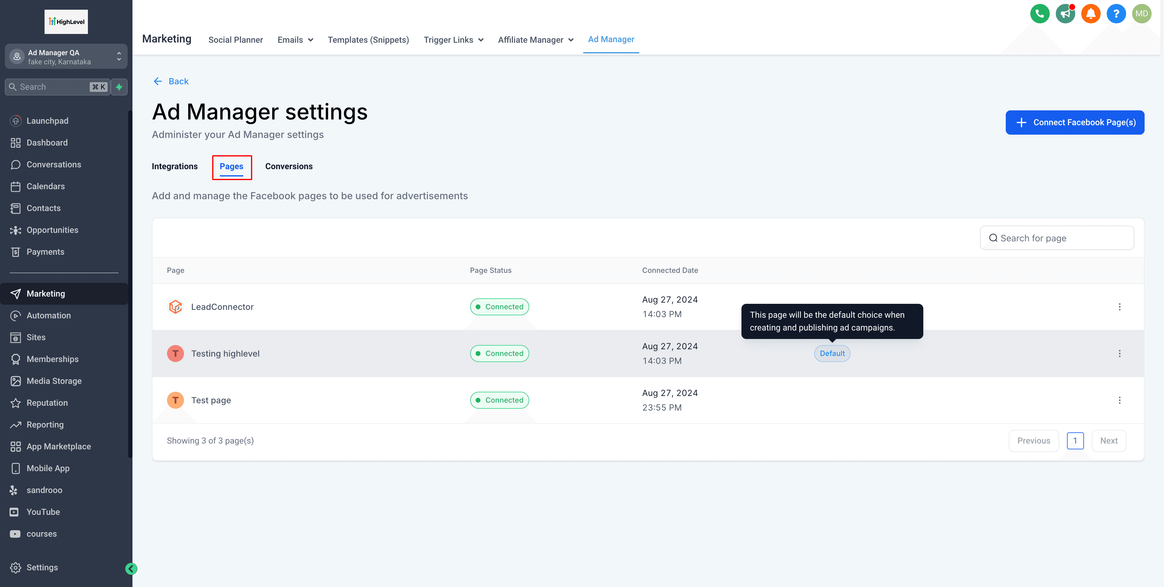 Schermata 2 — Impostare una pagina Facebook come predefinita per Ad Manager