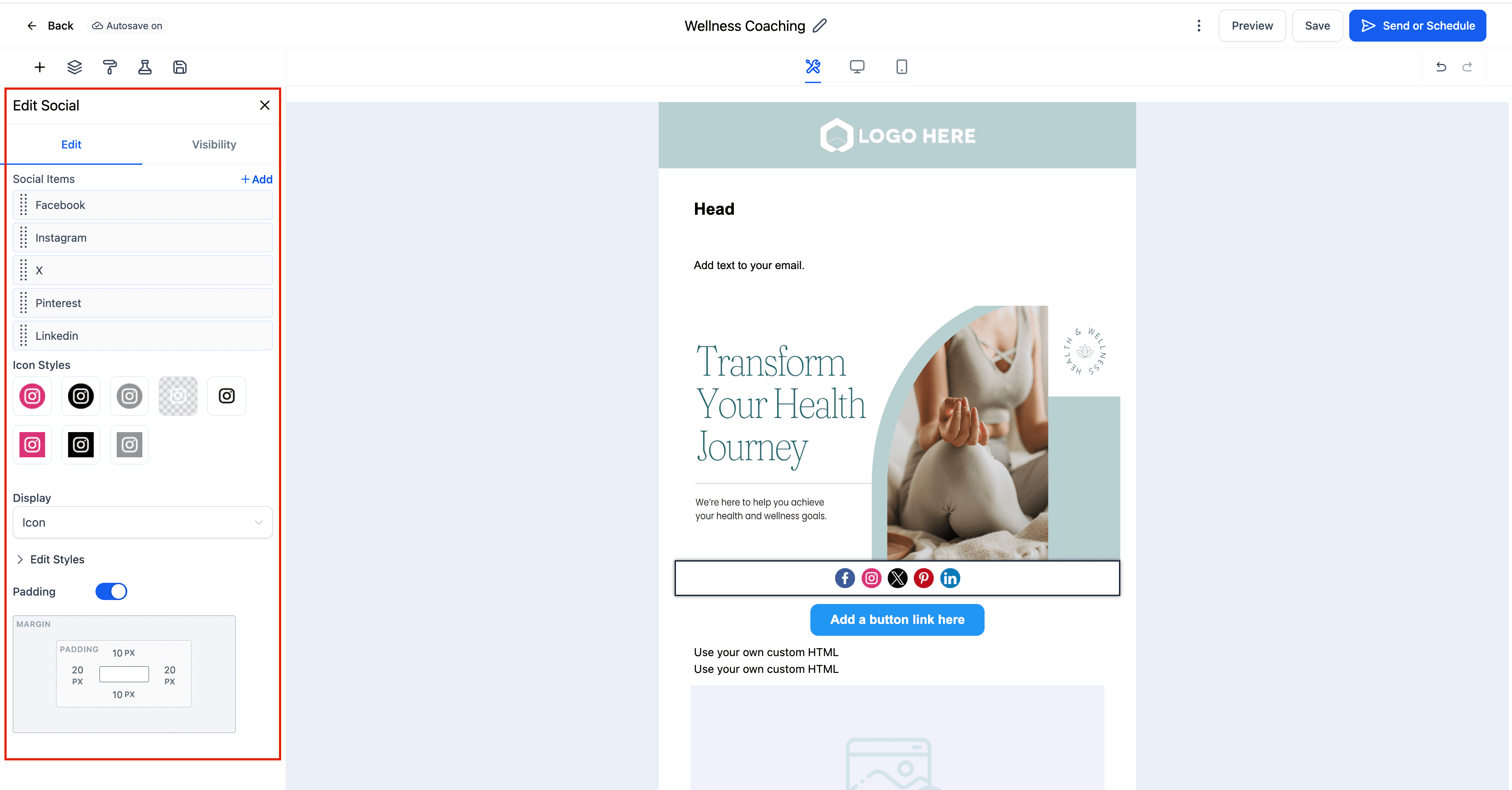 Schermata 4 — Elemento Social nell'Email Builder