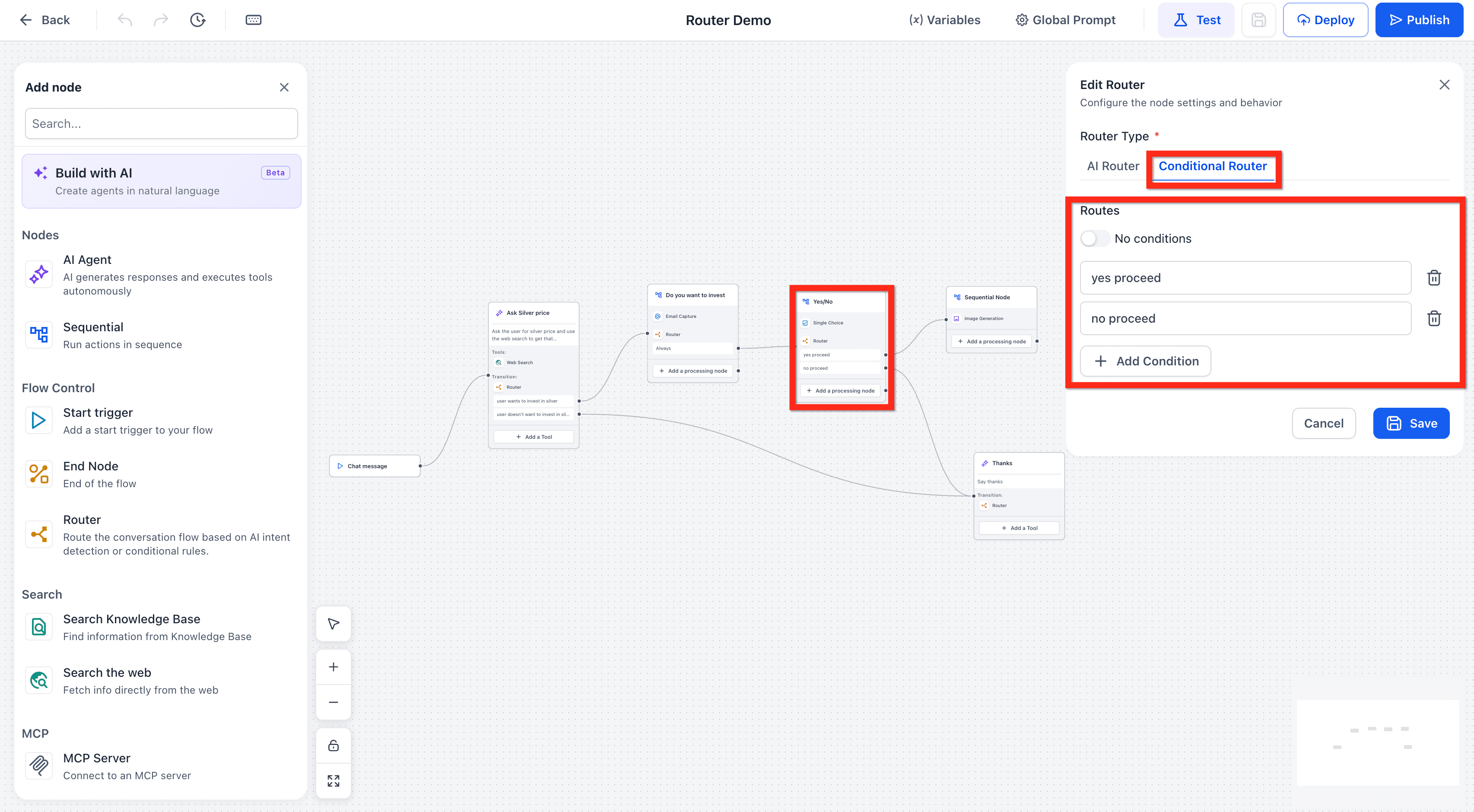 Schermata 2 — Agent Studio - Router Tool (AI Router e Conditional Router)