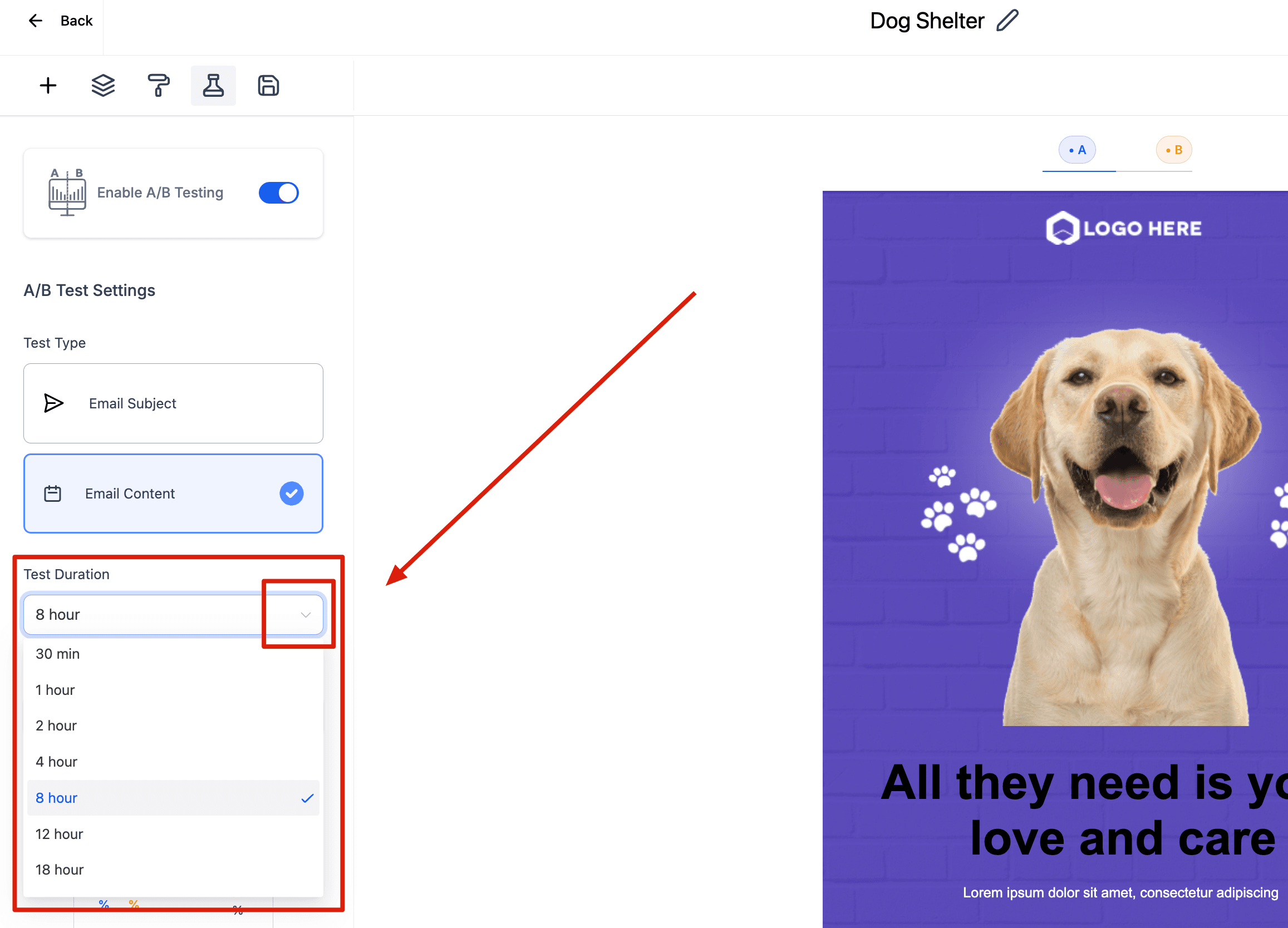 Schermata 4 — Come configurare l'A/B testing per le tue Campaign email