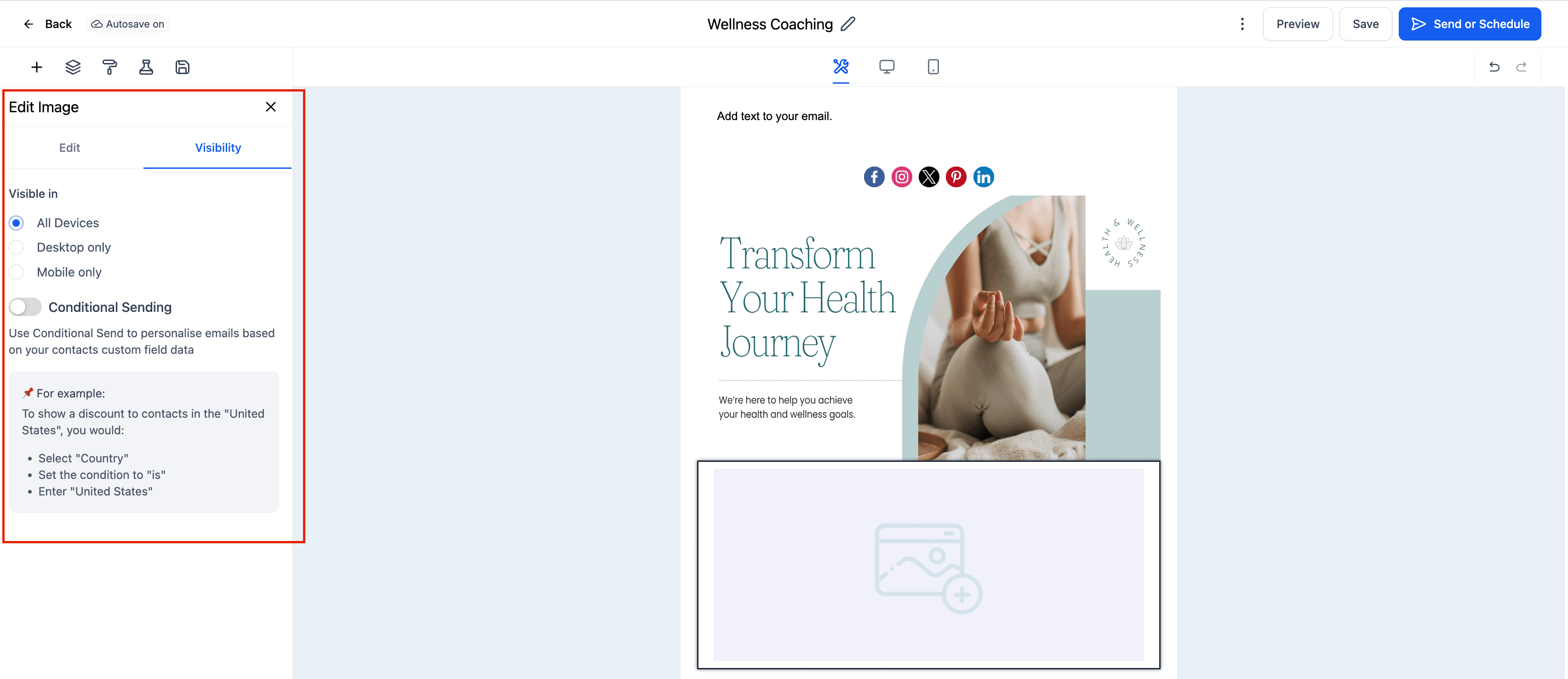 Schermata 5 — Elemento Immagine nell'Email Builder