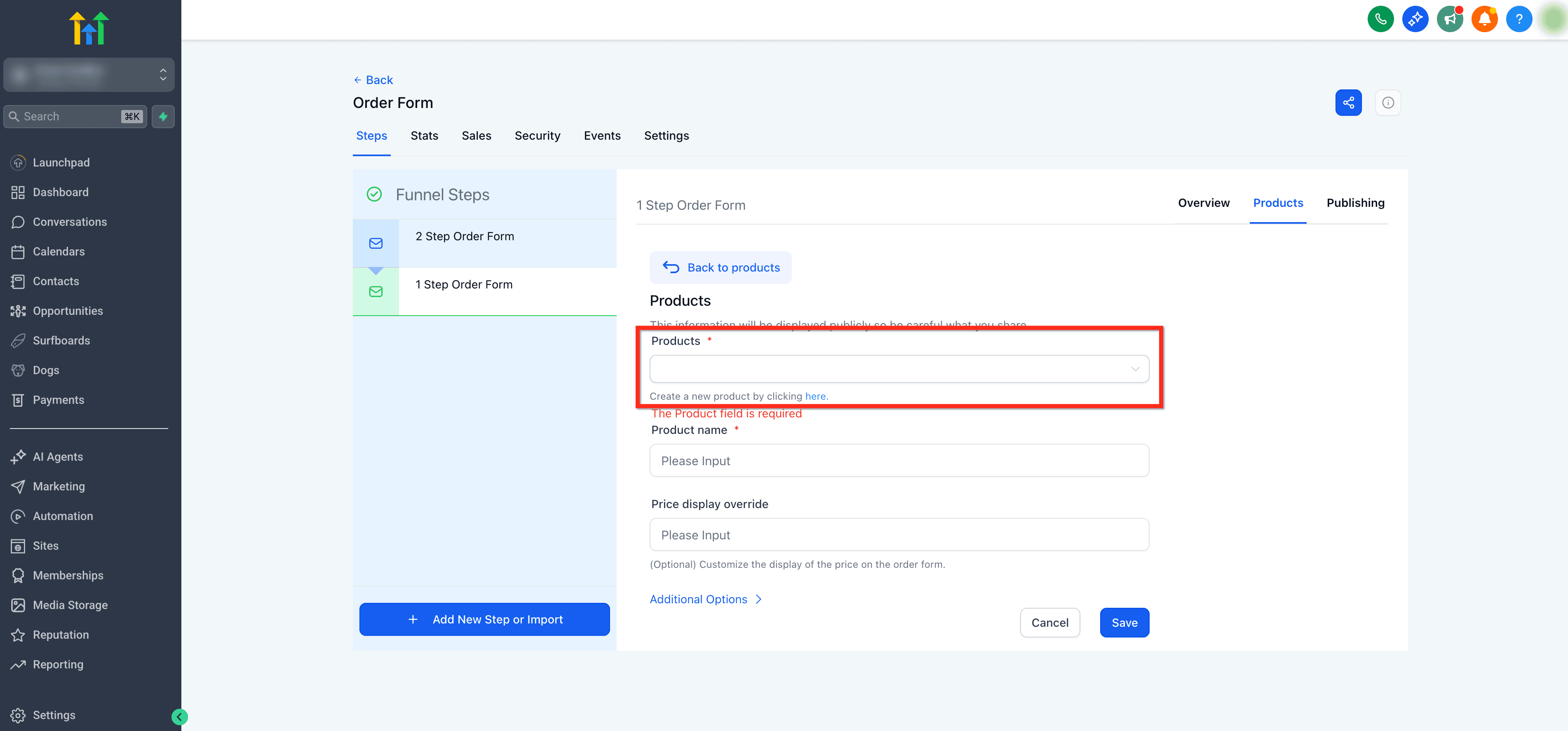 Schermata 3 — Come aggiungere un modulo d'ordine in un unico step a un Funnel