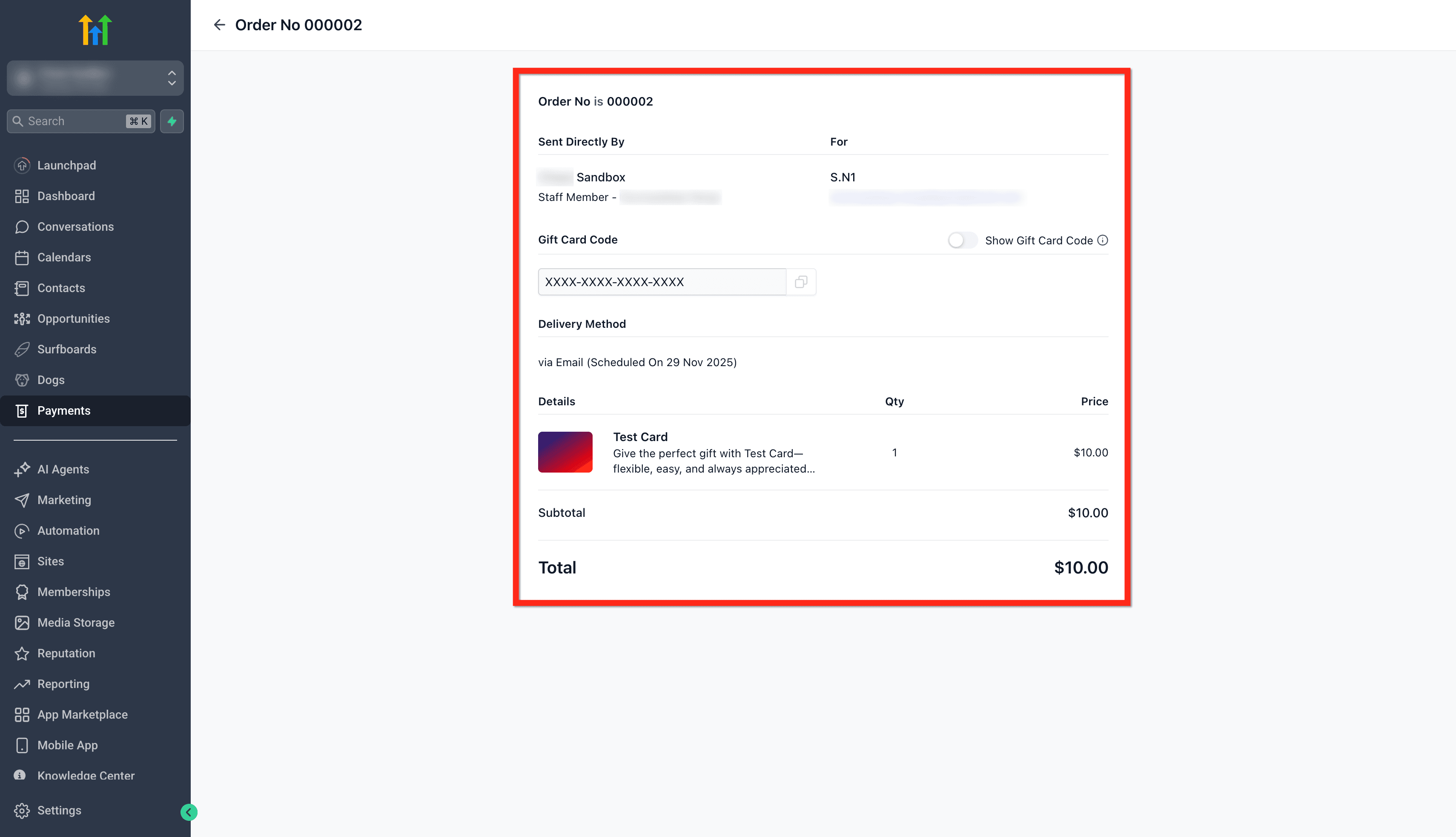 Schermata 15 — Come inviare Gift Card