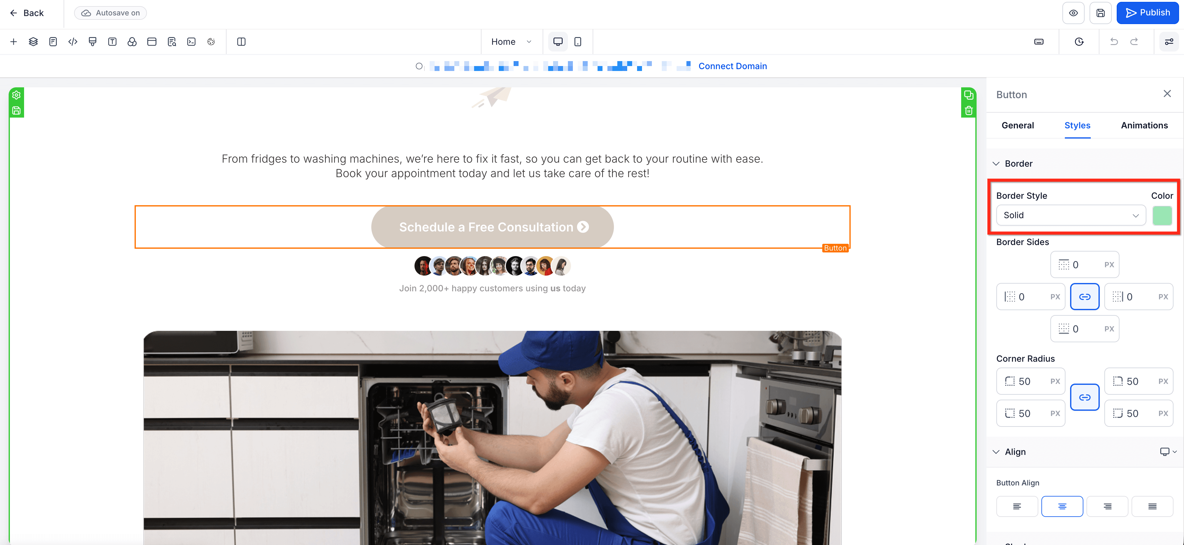 Schermata 3 — Controllo Bordi nel Page Builder