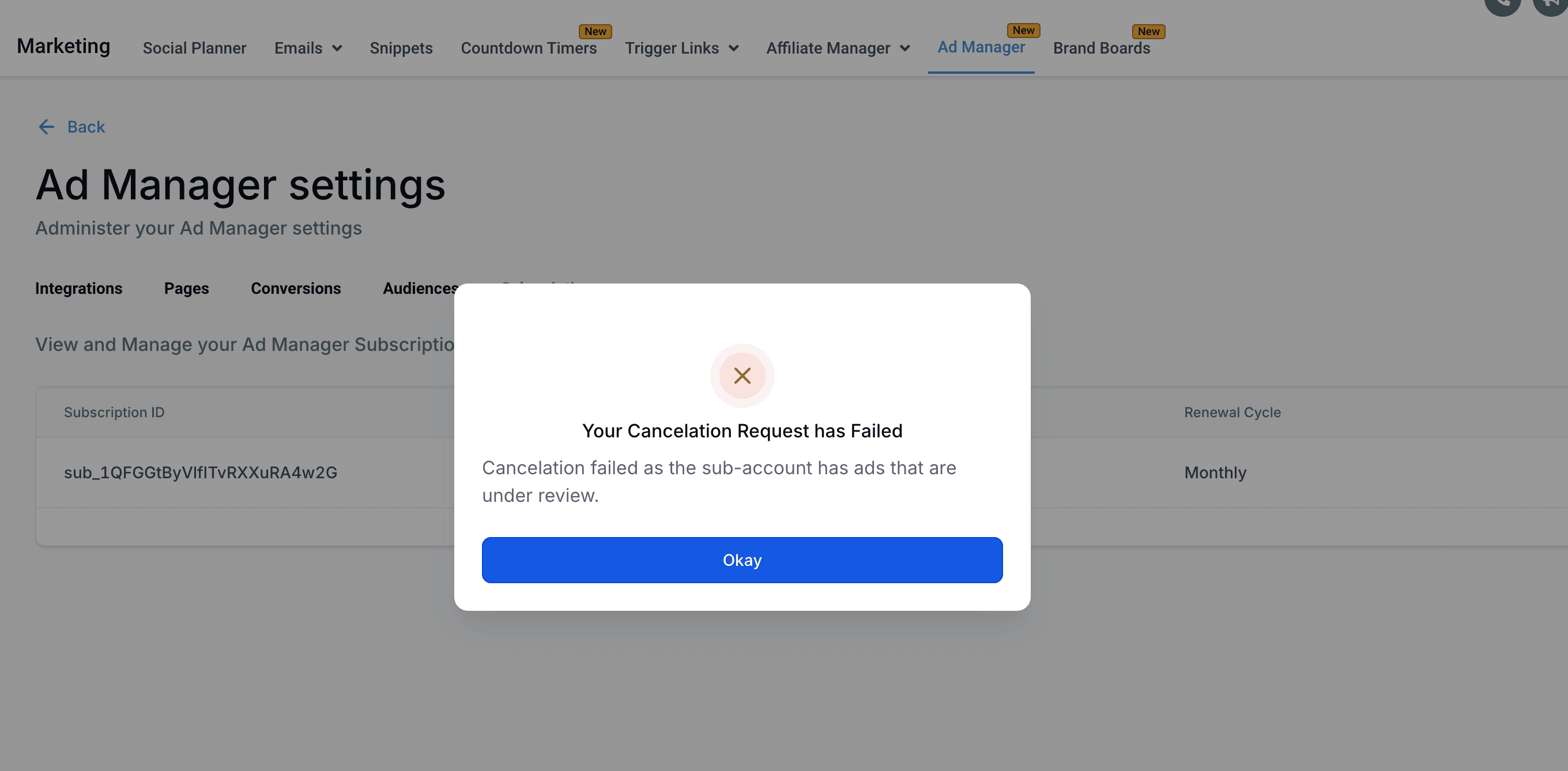Schermata 9 — Come annullare l'abbonamento ad Ad Manager per un sub-account?