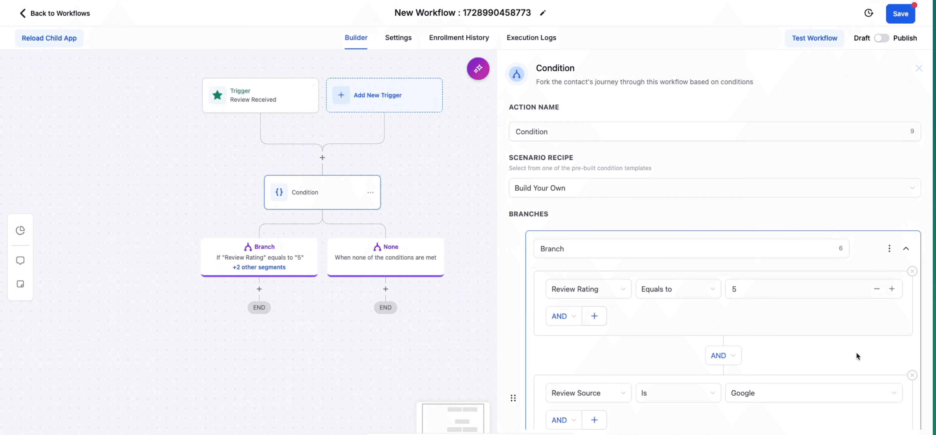 Schermata 3 — Come configurare i Trigger Workflow per le recensioni di Google e Facebook