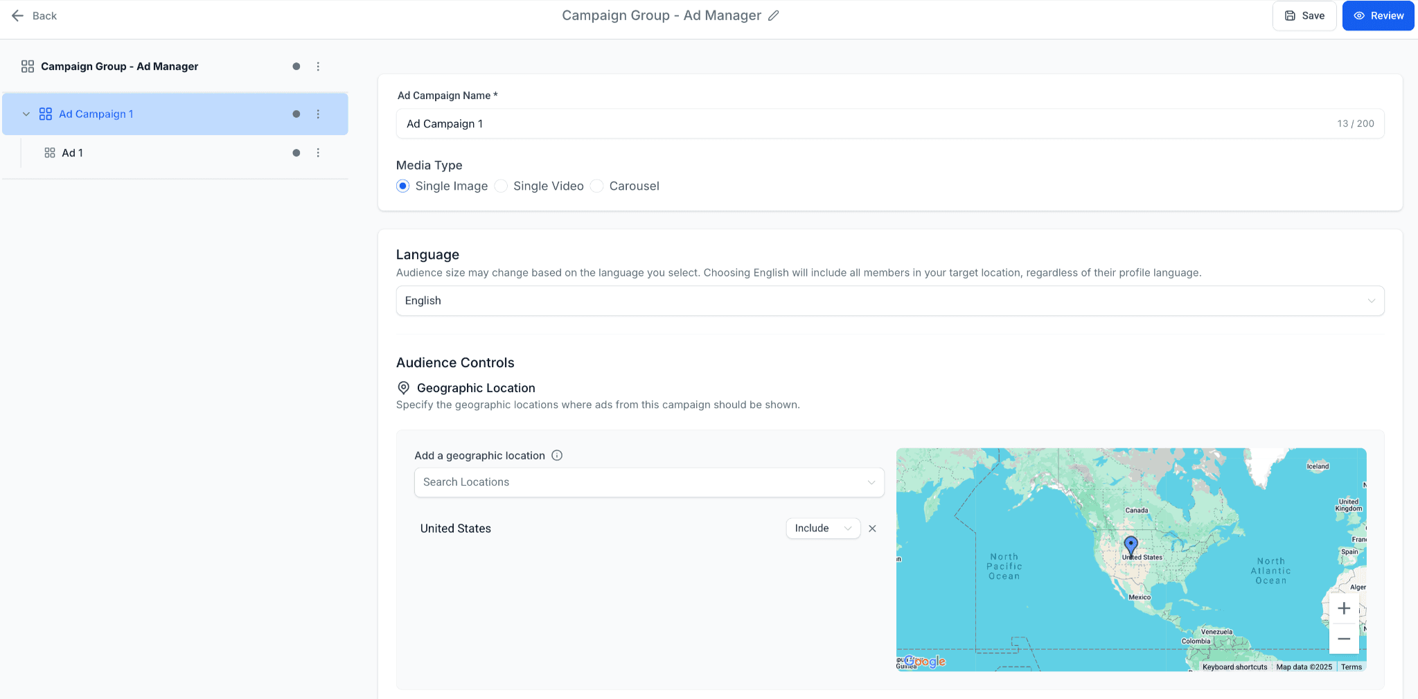 Schermata 1 — Targeting del pubblico per le campagne LinkedIn in Ad Manager