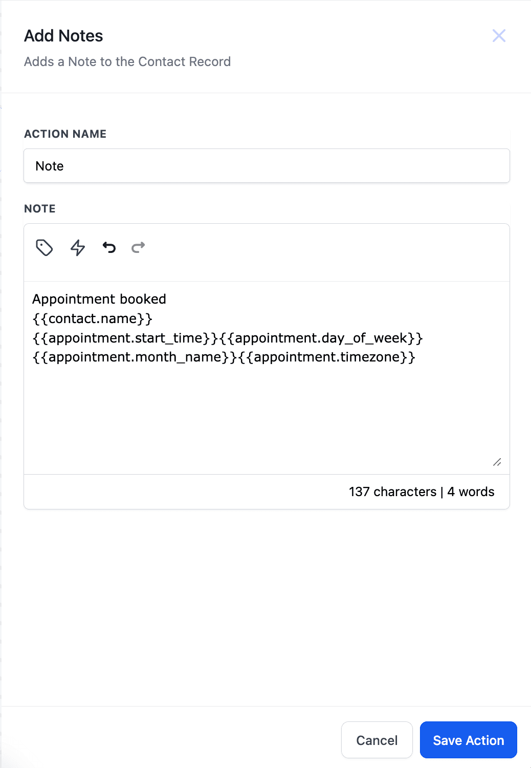 Schermata 5 — Azione Workflow - Aggiungi alle Note