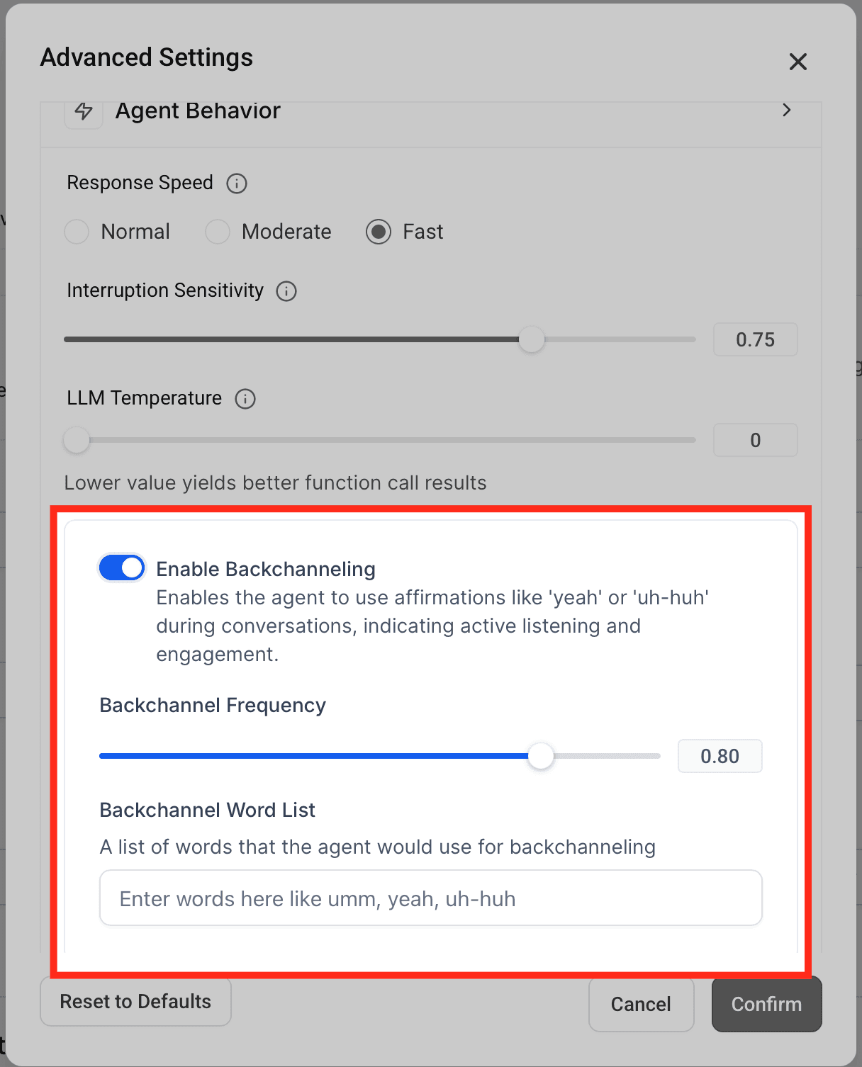 Schermata 2 — Voice AI: Riduzione del Rumore e Backchanneling