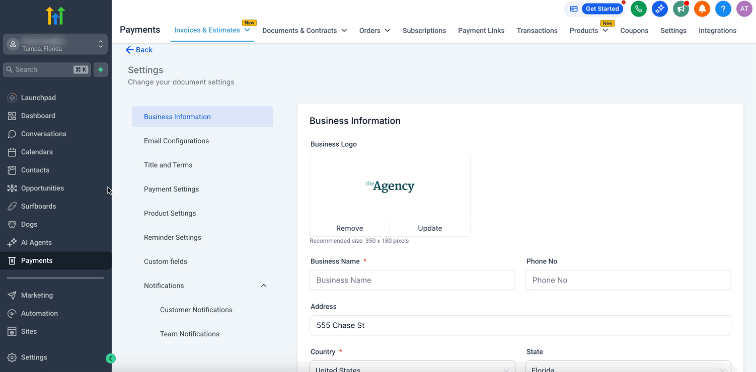 Schermata 4 — Personalizzare le notifiche email e SMS per la fatturazione