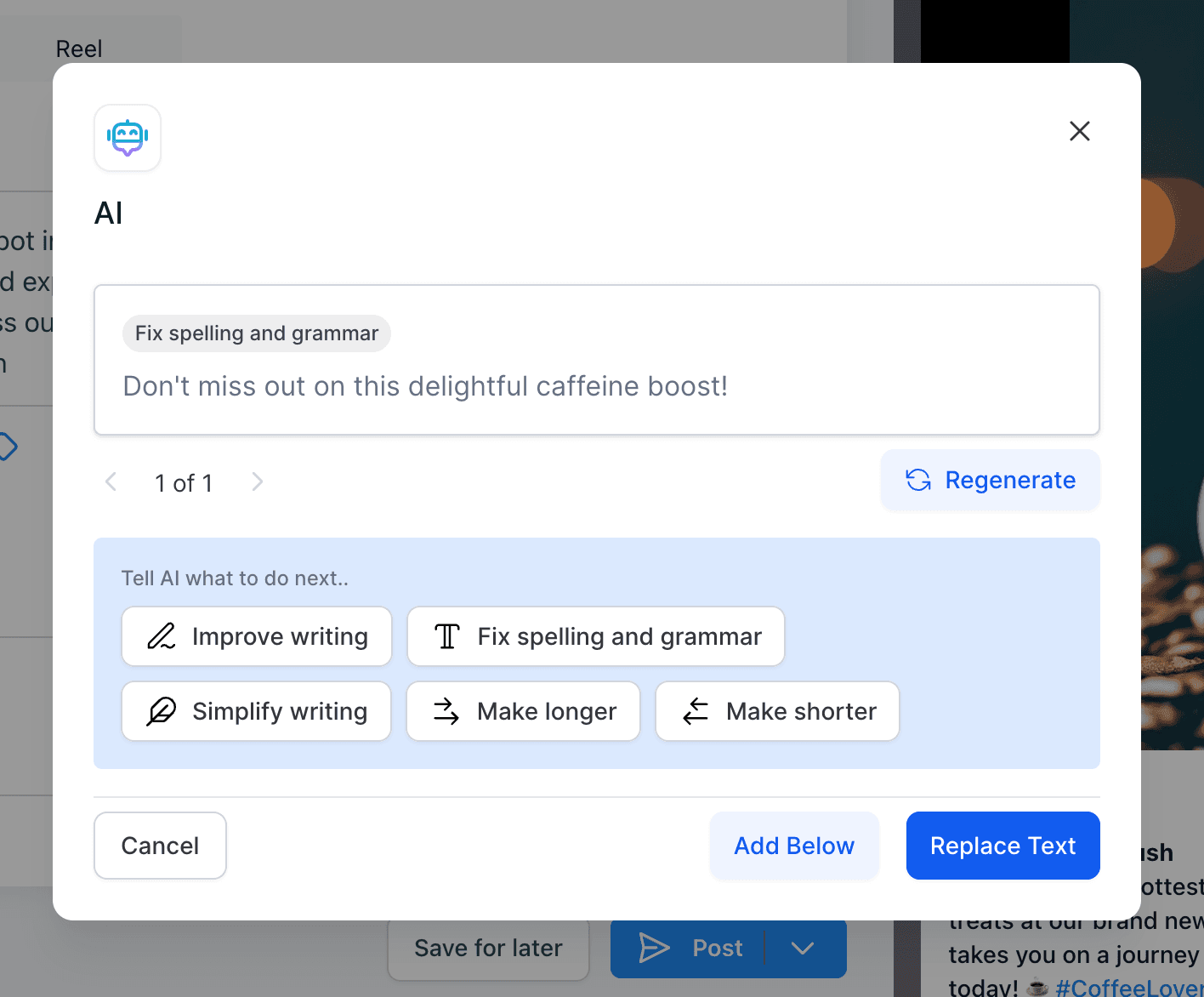 Schermata 4 — Come correggere grammatica e ortografia, allungare i contenuti e migliorare la scrittura nel Social Post?