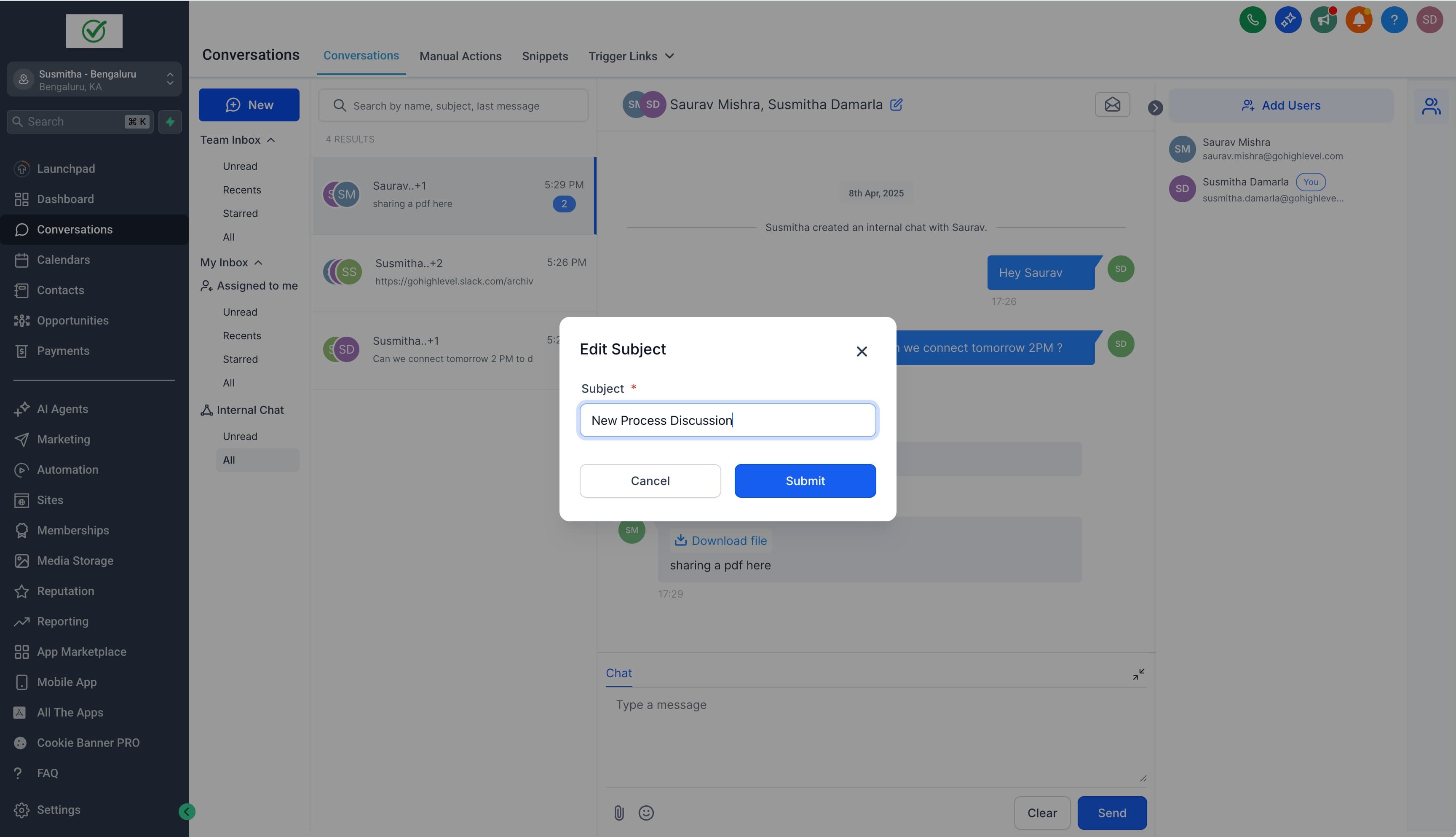 Schermata 4 — Internal Chat: Comunicazione Privata del Team