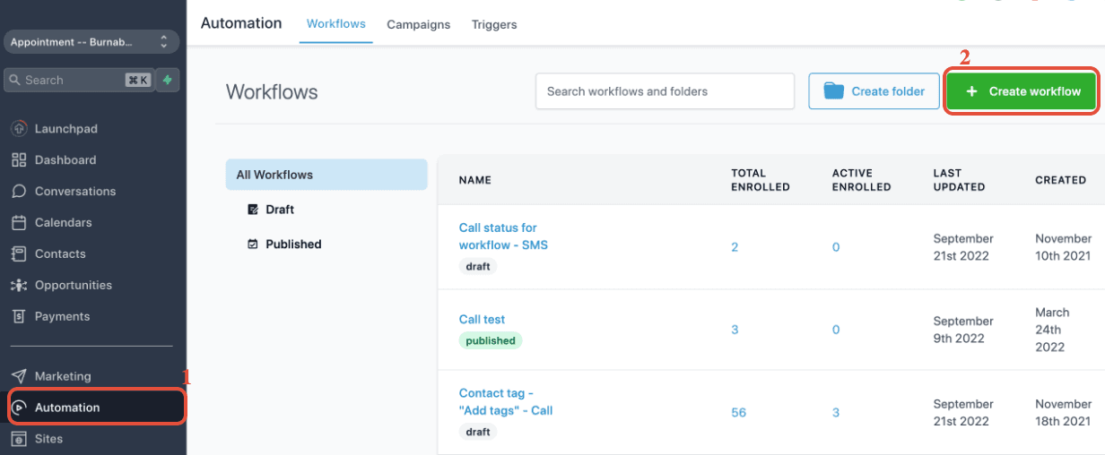 Pulsante Automation > Create Workflow