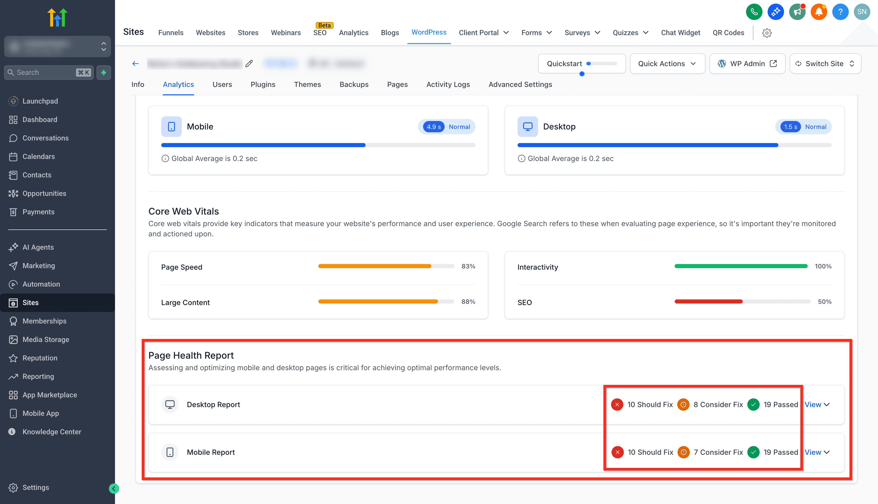 Schermata 7 — WordPress - Report delle Performance del Sito Web