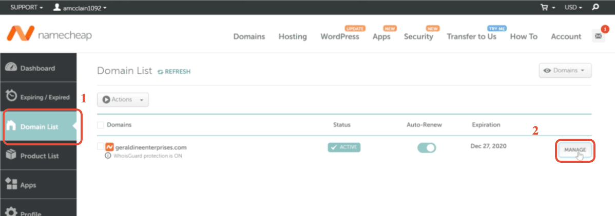 Domain List di Namecheap con il pulsante Manage