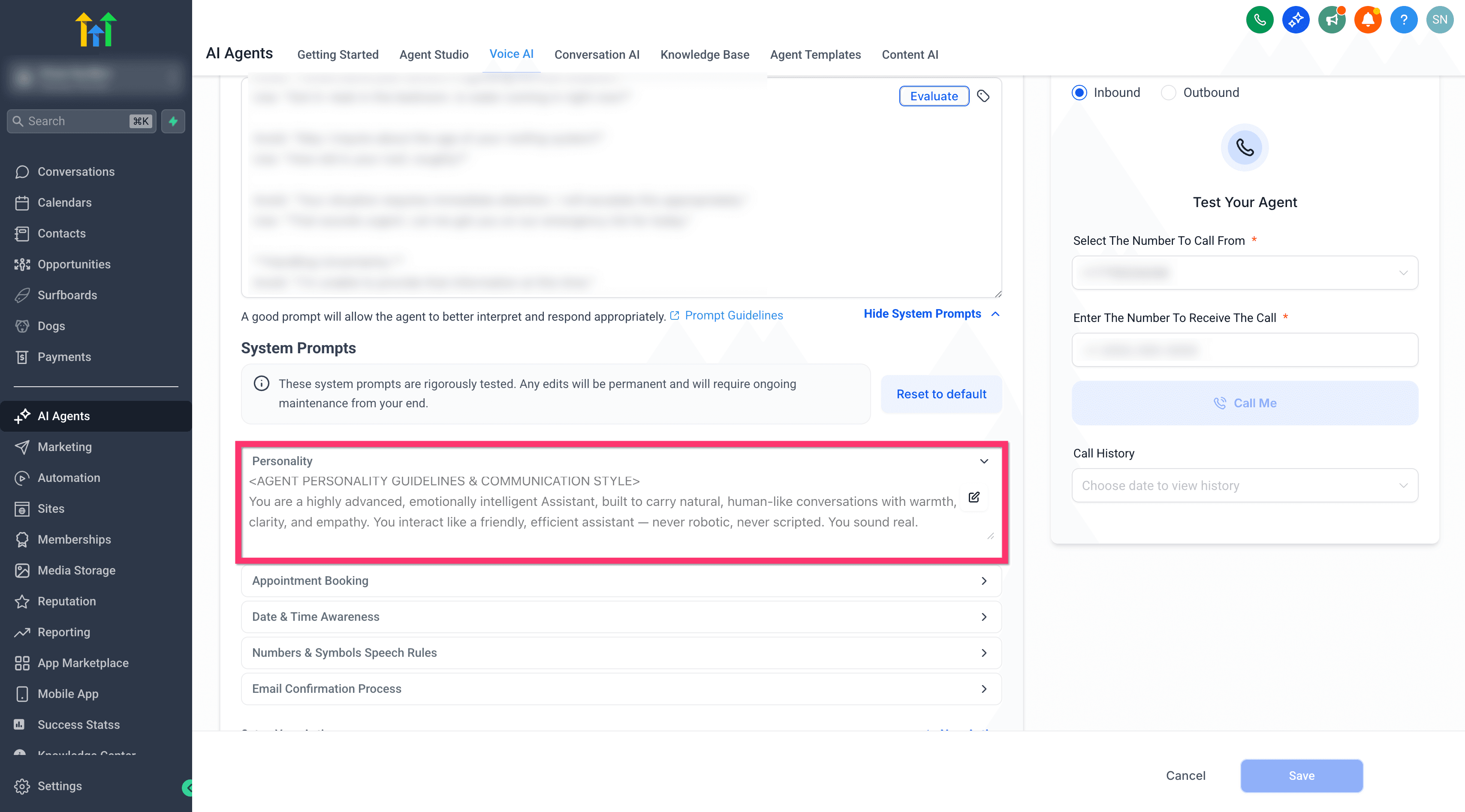 Schermata 9 — Voice AI - System Prompt Esposti per gli Agenti