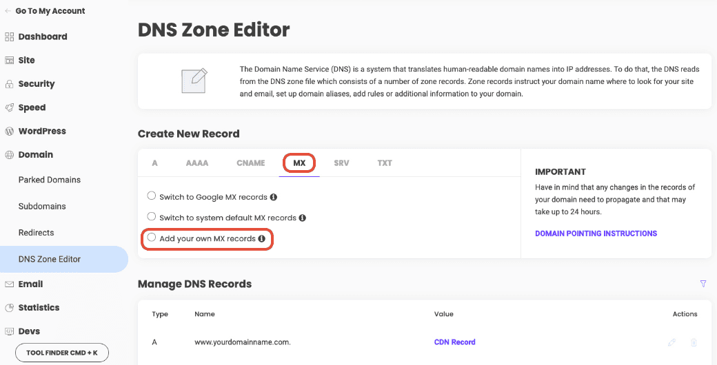Opzione Add your own MX records in SiteGround