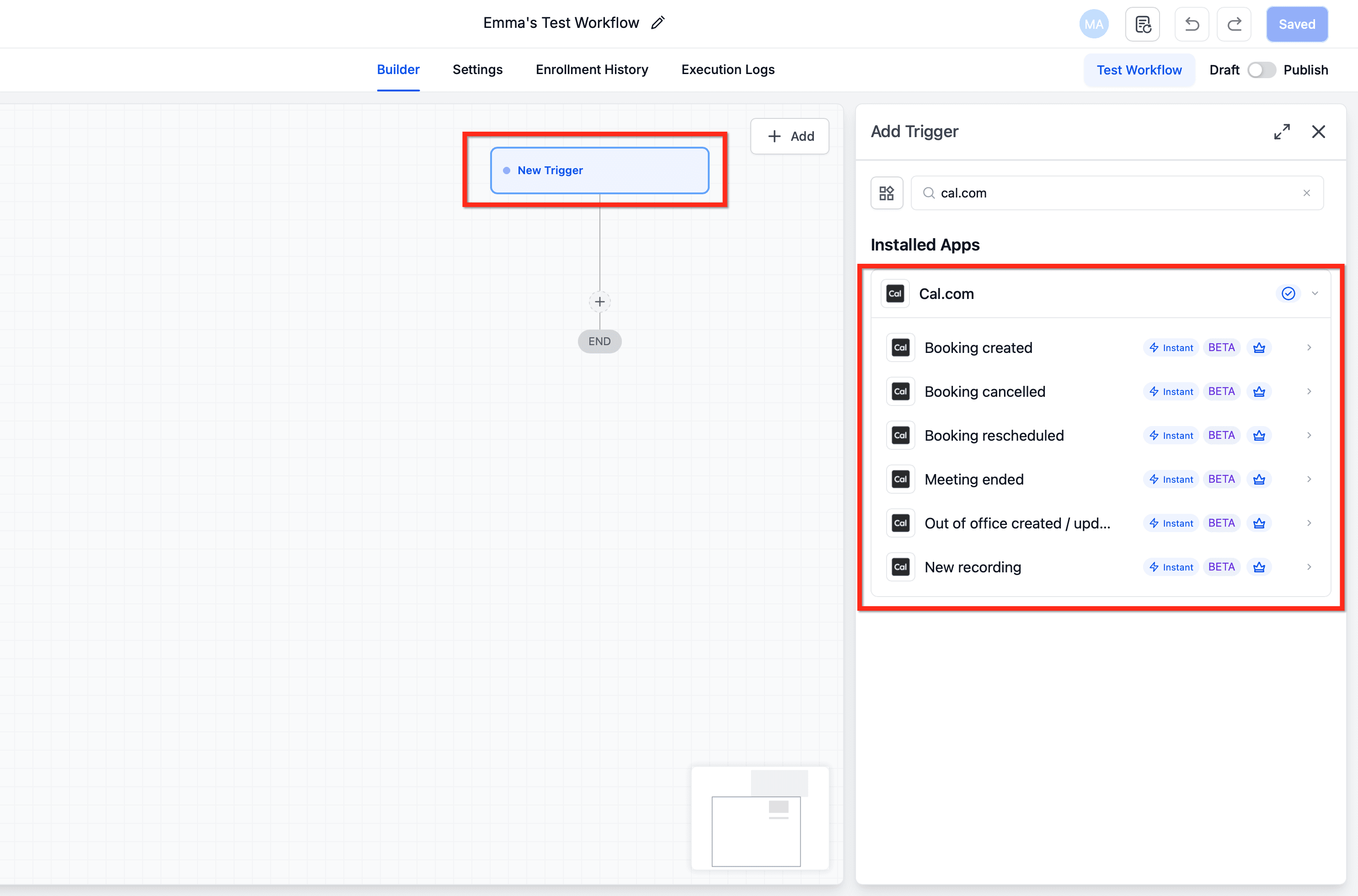 Schermata 6 — Cal.com: Azioni e Trigger nei Workflow