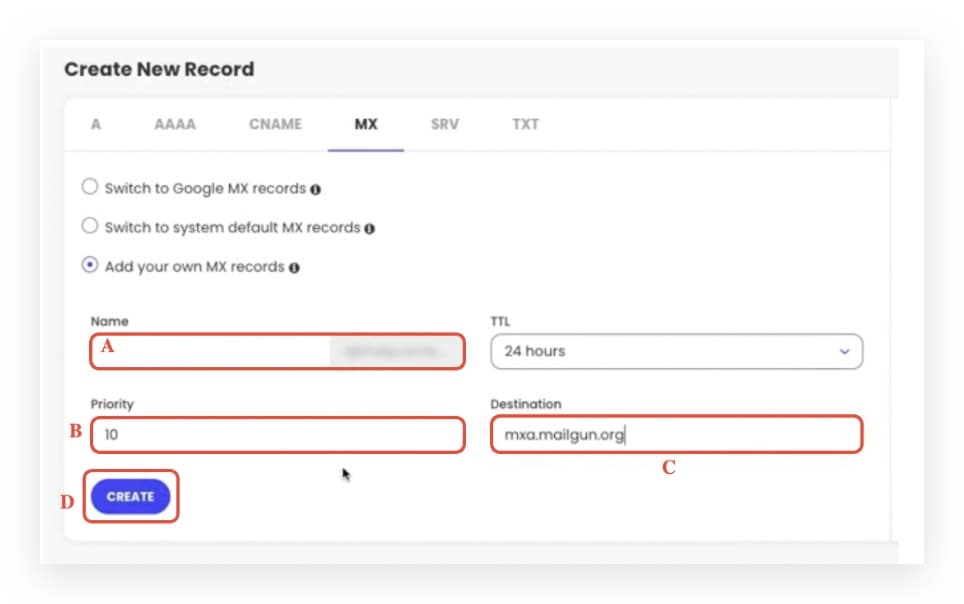 Modulo record MX con Add your own MX records selezionato