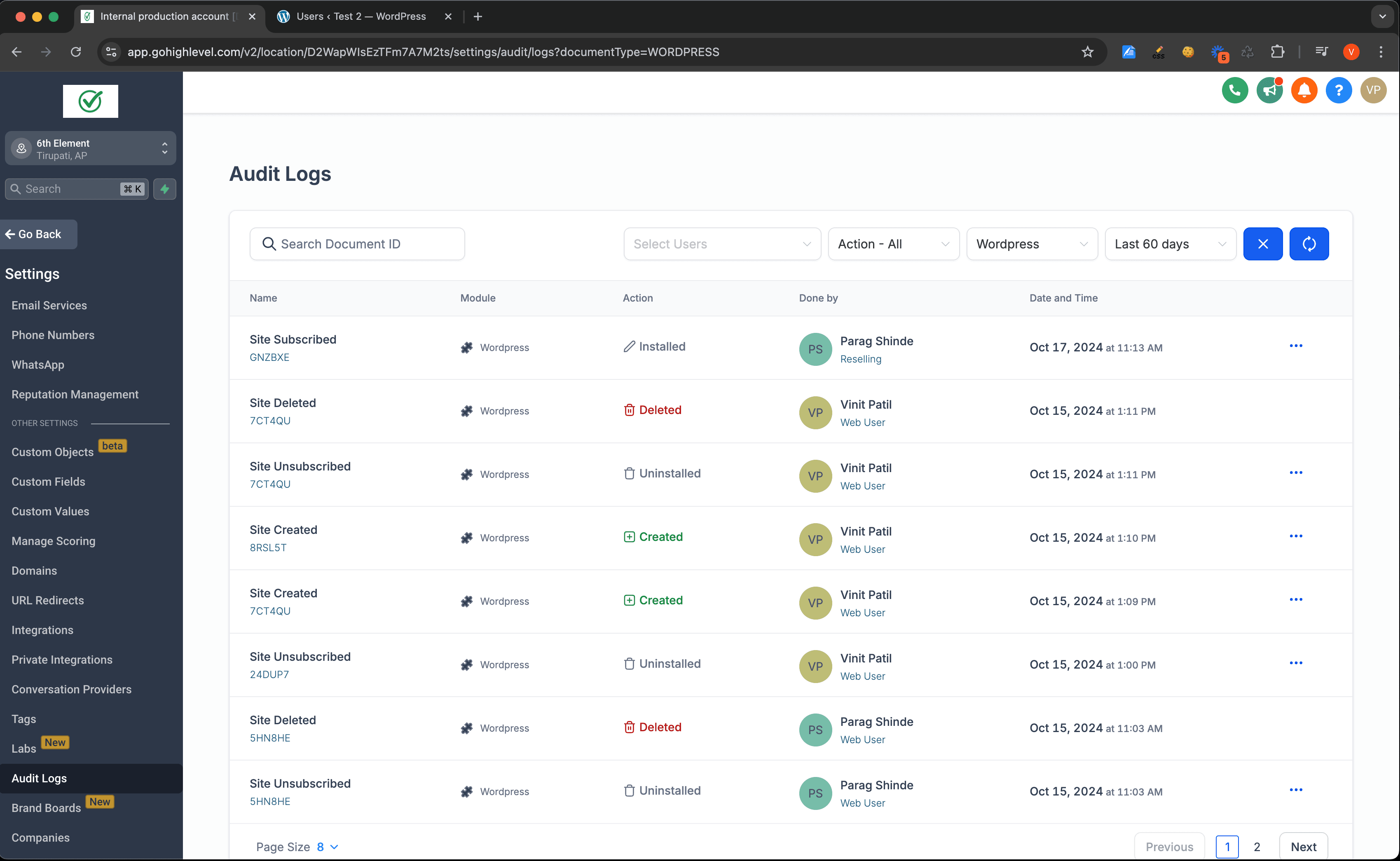 Schermata 3 — WordPress: Log di Accesso e Attività
