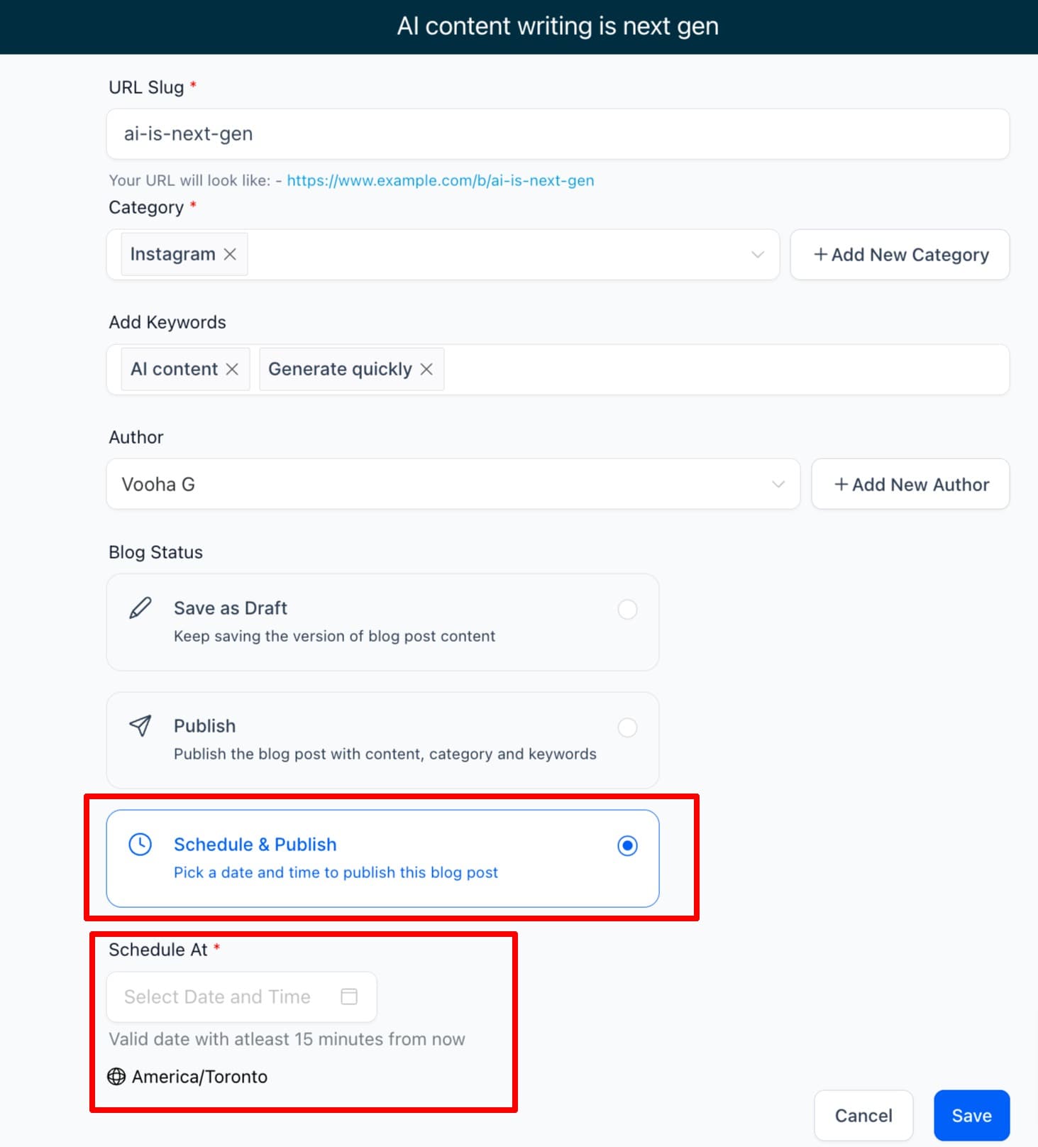 Schermata 3 — Come programmare la pubblicazione di un articolo del blog?
