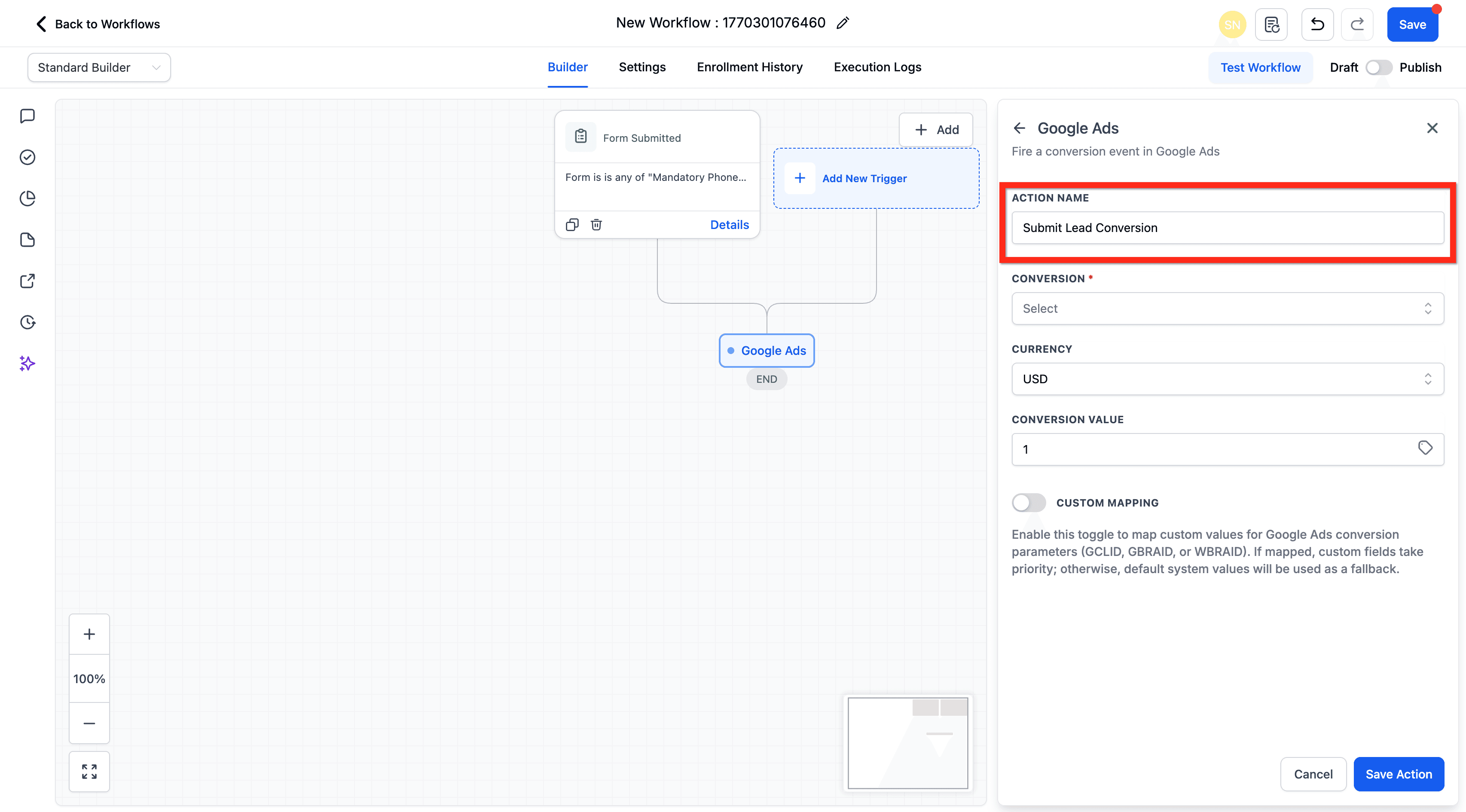 Schermata 5 — Azione Workflow - Aggiungi a Google Ads
