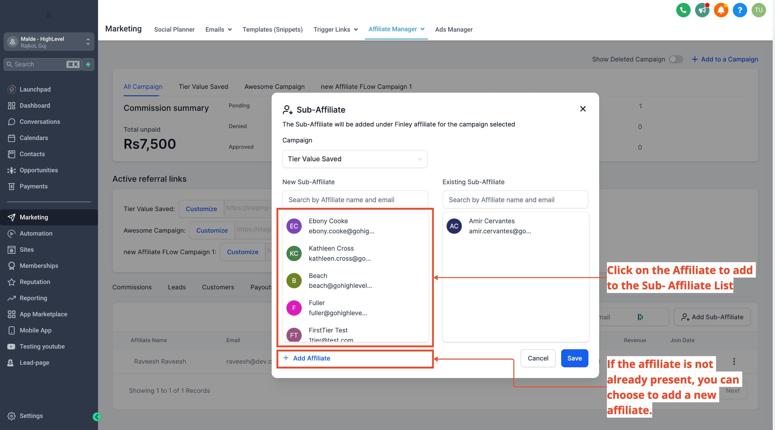 Schermata 4 — Come Aggiungere Sub-Affiliati nell'Affiliate Manager
