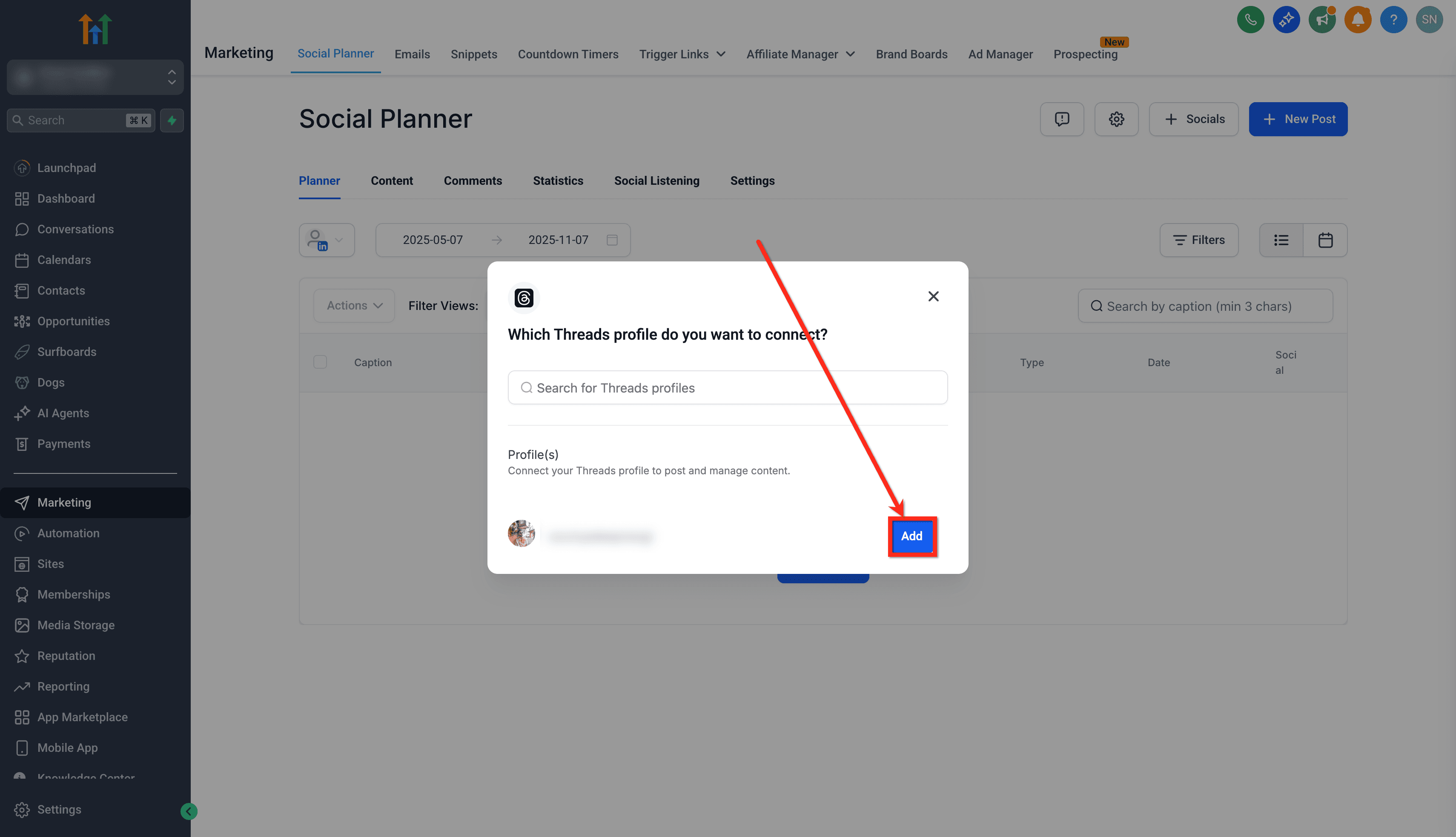 Schermata 4 — Social Planner - Integrazione Meta Threads