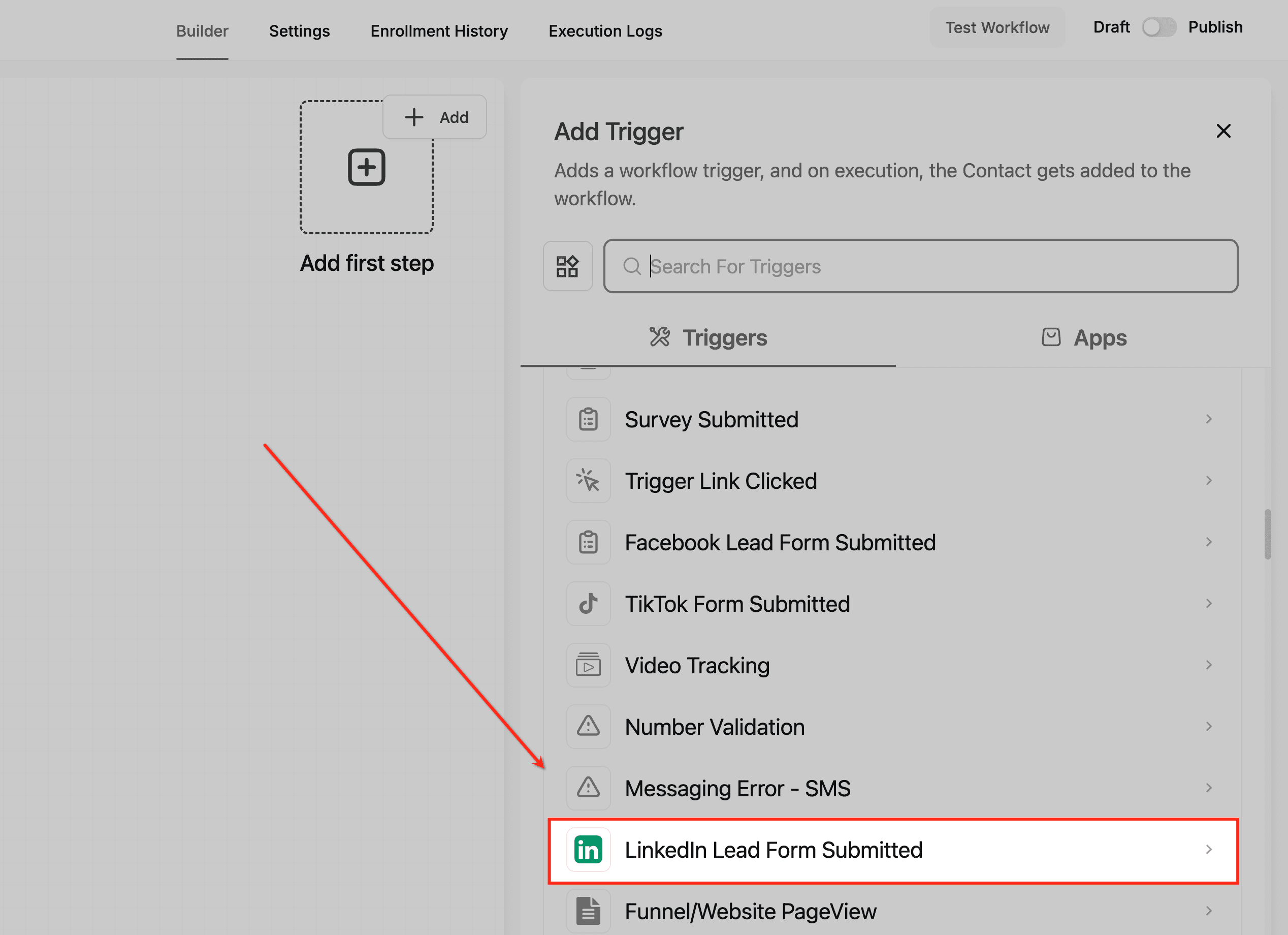 Schermata 3 — Workflow Trigger - LinkedIn Lead Form Submitted