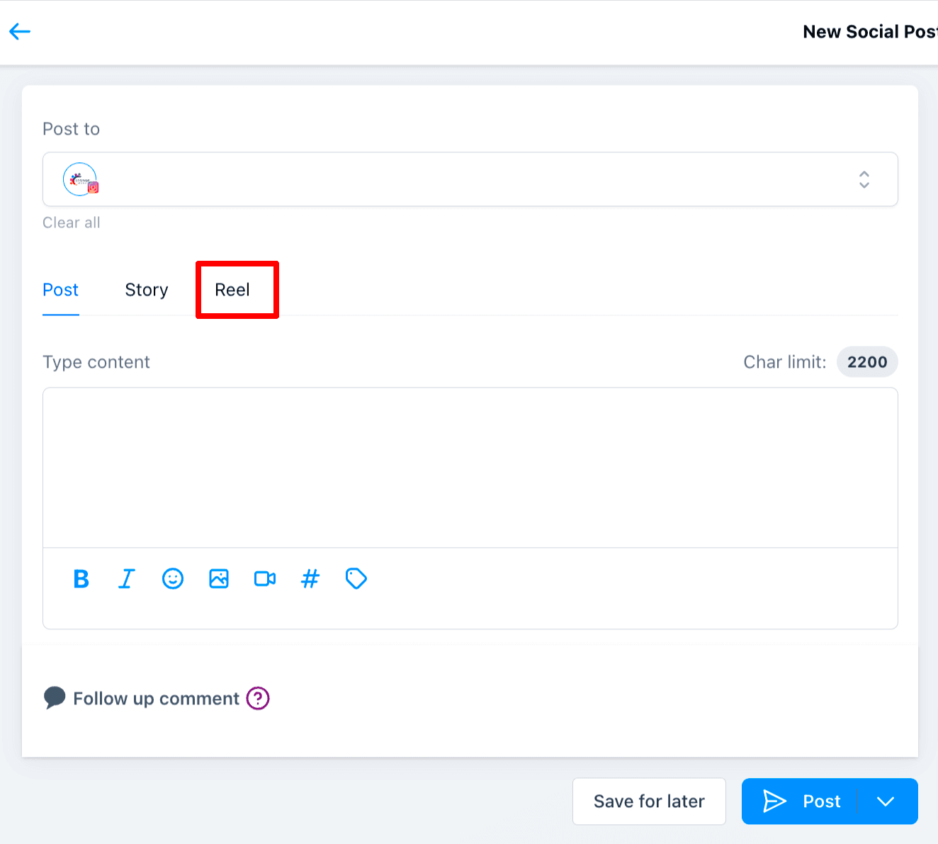 Schermata 2 — Guida alla Pubblicazione di Instagram Reels con il Social Planner