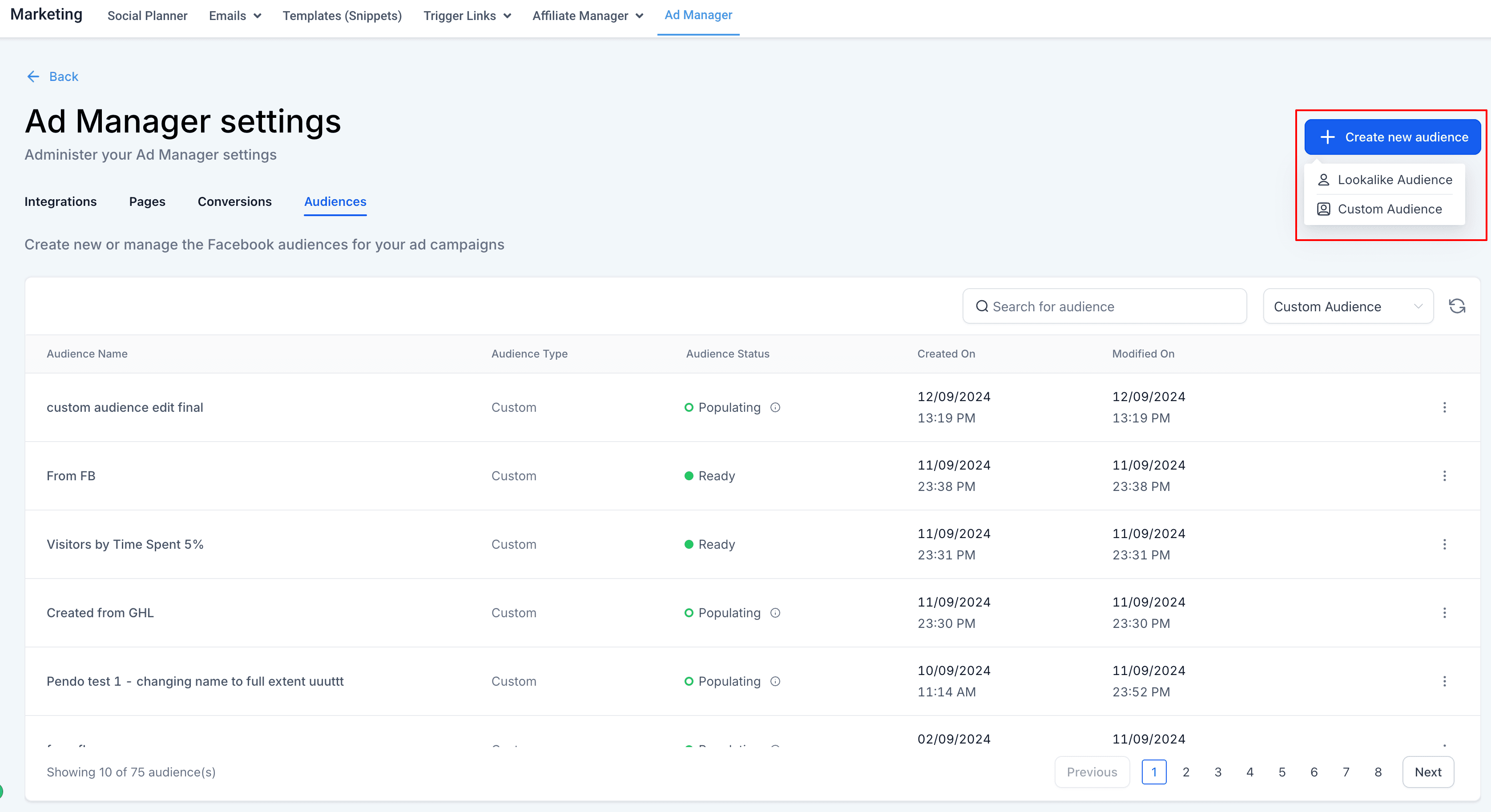 Schermata 4 — Panoramica della scheda Audience - Impostazioni Ad Manager